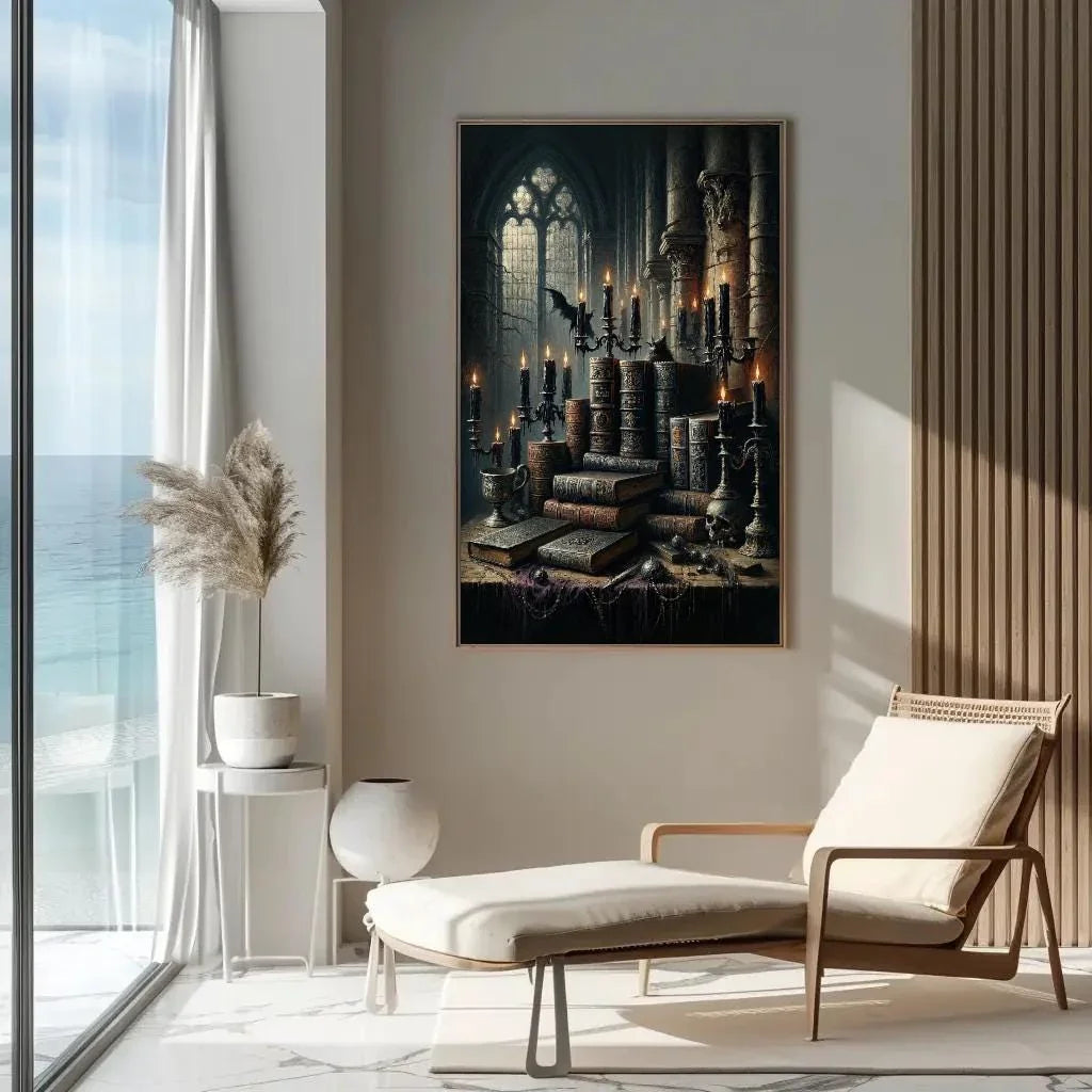Books Gothic Library Canvas Print | Framed Wall Art | Dark Academia Painting | Scholarly Wall Art | Study Room Decor | Ready To Hang Wall Art – Canvas Print