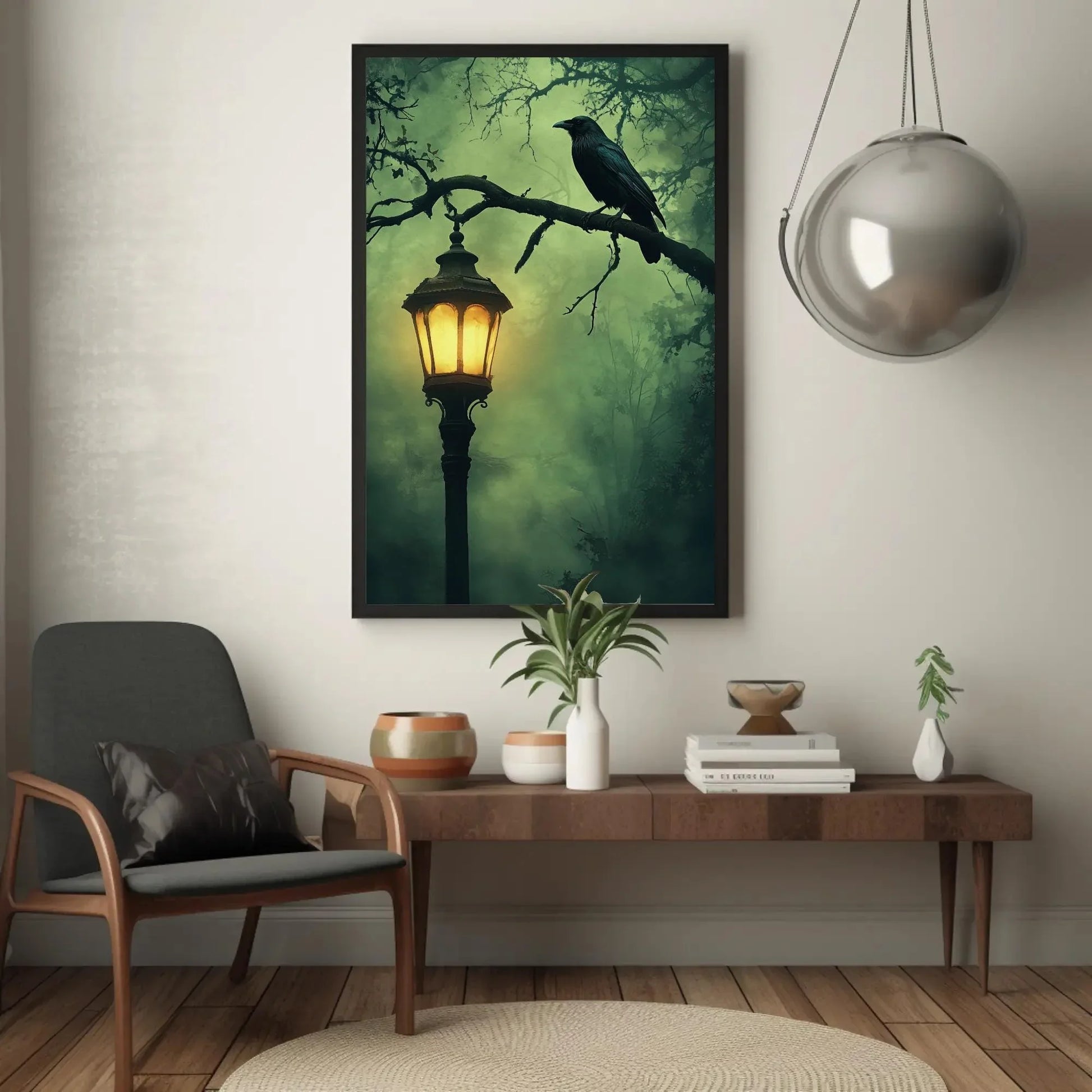 Mysterious gothic raven canvas print, lantern and crow wall art, haunted halloween oil painting for dark aesthetic decor Wall Art – Canvas Print