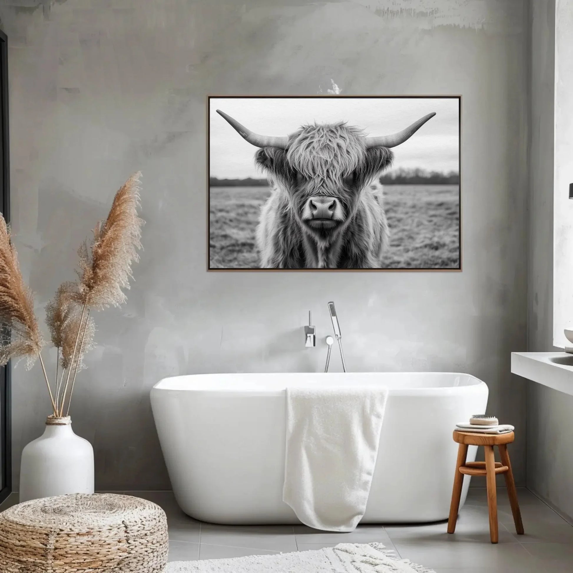 Shaggy Highland Cow Canvas Print, Rustic Western Wall Art, Farmhouse Country Cattle Photography for Cozy Home Decor Wall Art – Canvas Print