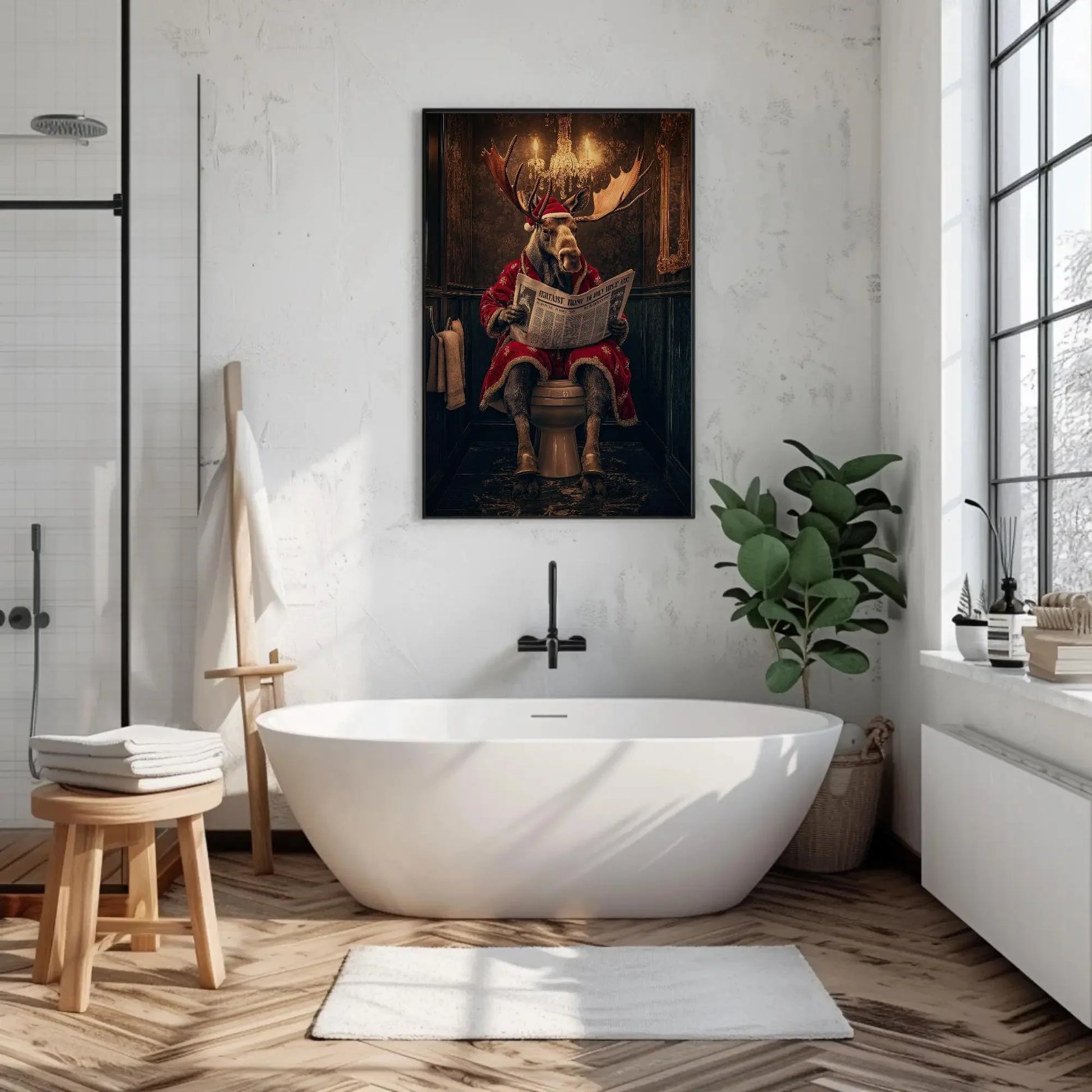 Christmas Moose Reading Newspaper Canvas Print, Funny Toilet Humor Art, Moose in Santa Robe, Whimsical Bathroom Decor, Ready to Hang Wall Art – Canvas Print