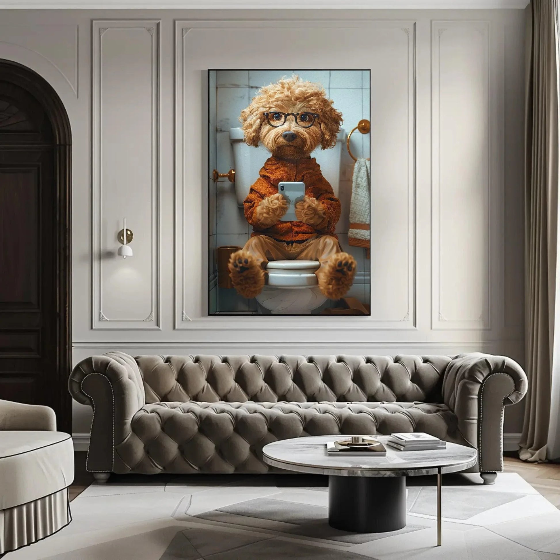 Goldendoodle dog on the toilet using phone funny bathroom wall art toilet humor print funny animal wall art dog lover canvas print gift Wall Art – Canvas Print