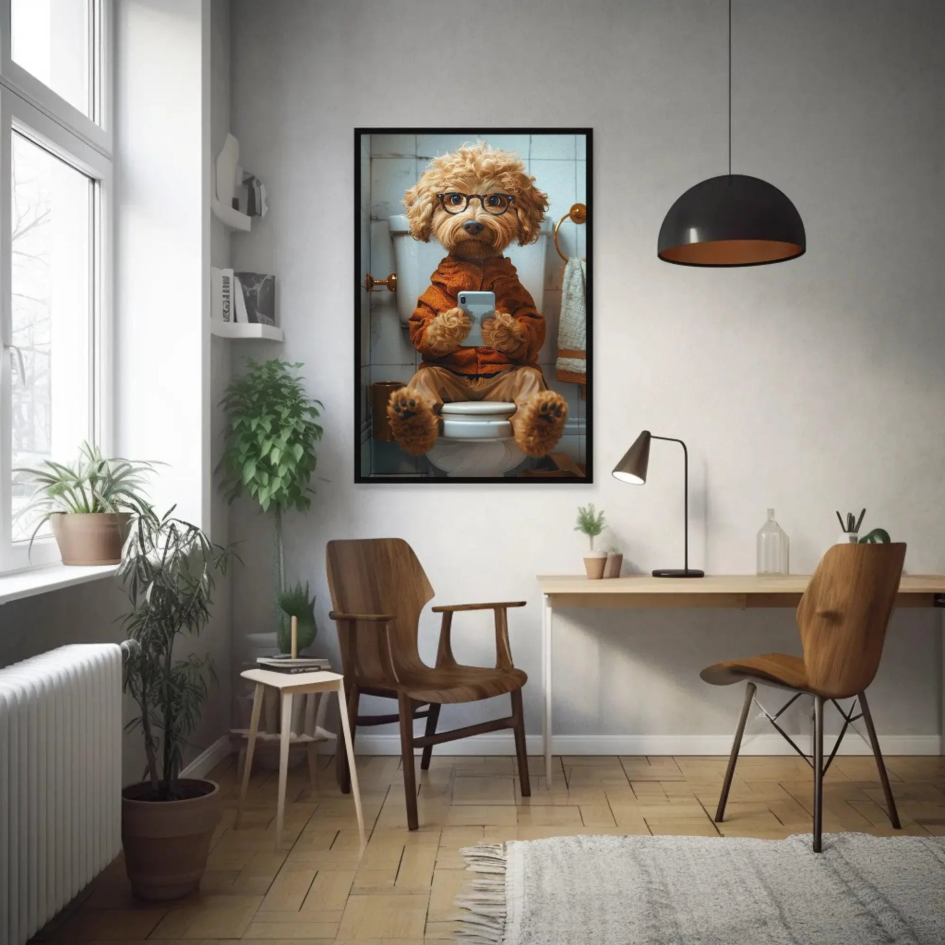 Goldendoodle dog on the toilet using phone funny bathroom wall art toilet humor print funny animal wall art dog lover canvas print gift Wall Art – Canvas Print