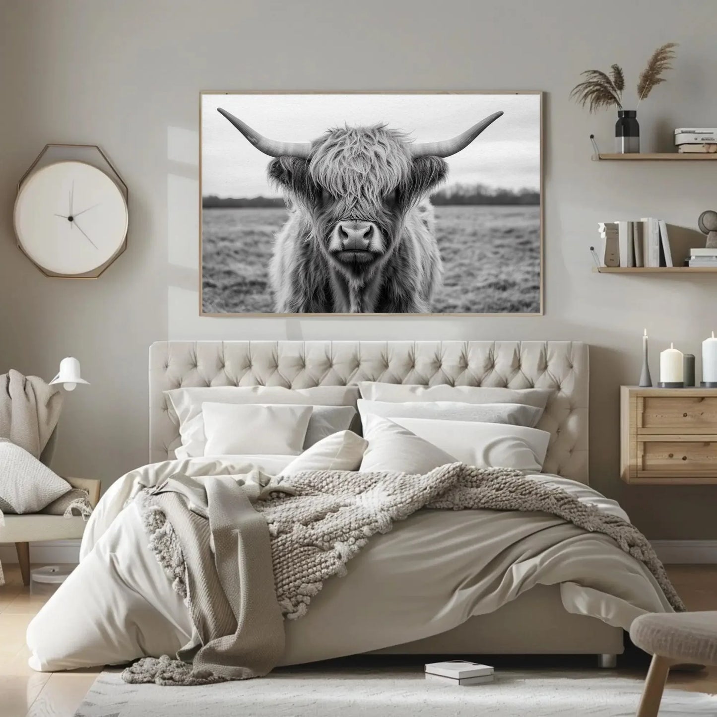 Shaggy Highland Cow Canvas Print, Rustic Western Wall Art, Farmhouse Country Cattle Photography for Cozy Home Decor Wall Art – Canvas Print