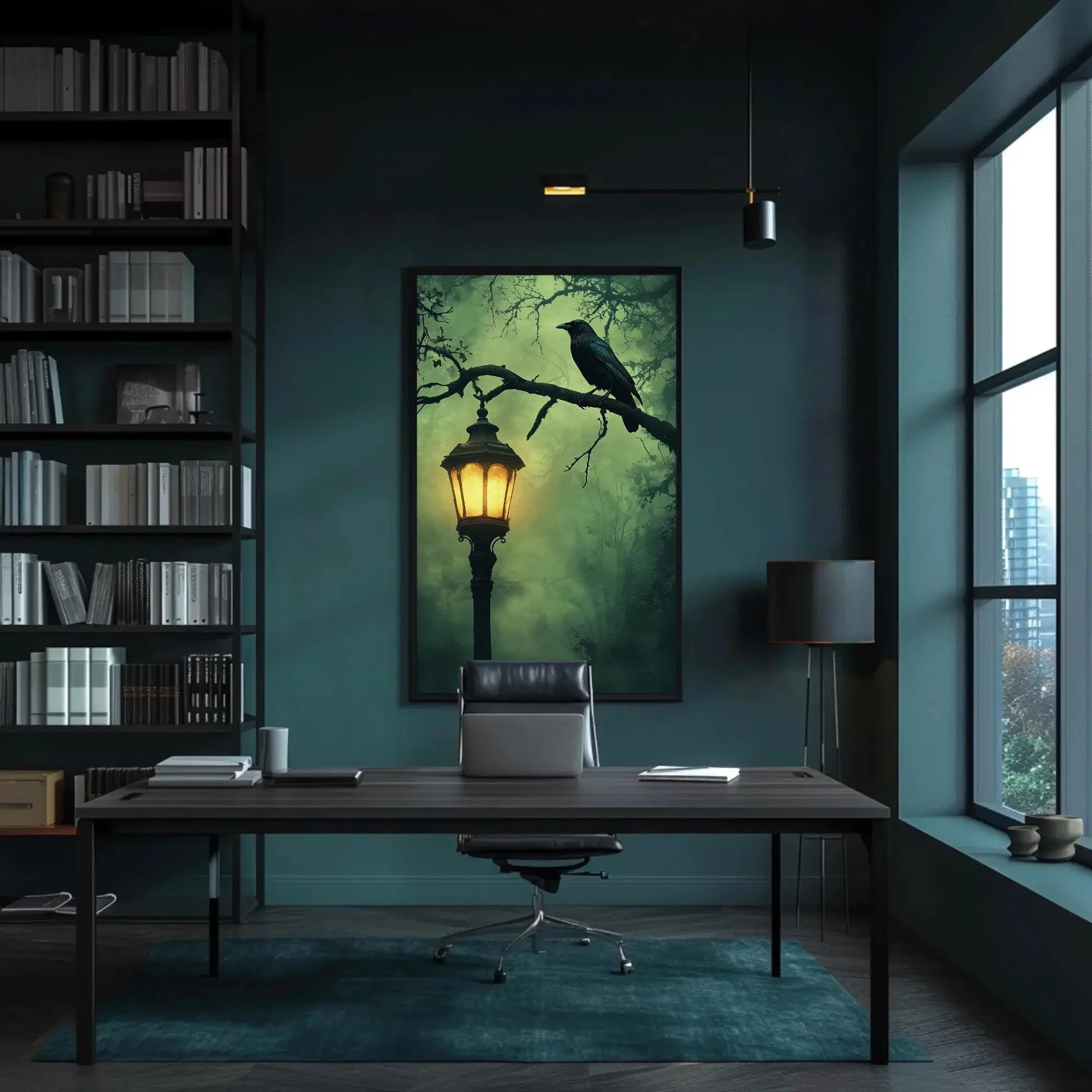 Mysterious gothic raven canvas print, lantern and crow wall art, haunted halloween oil painting for dark aesthetic decor Wall Art – Canvas Print