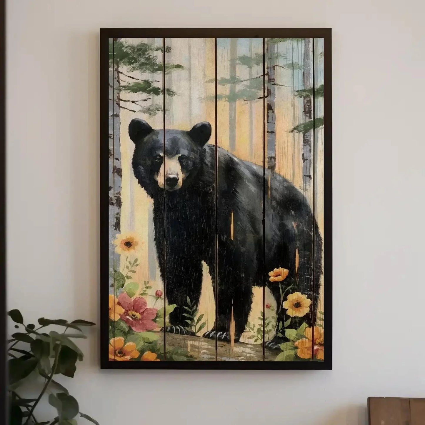 Black Bear in the Forest Canvas | Rustic Wood Effect | Bear Framed Wildlife Wall Art for Cabin, Living Room, Farmhouse, Ready to Hang Wall Art – Canvas Print