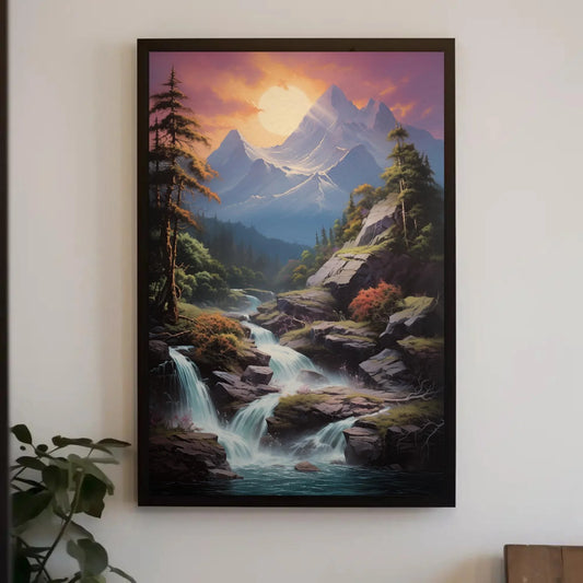 Mountain Sunset Waterfall Canvas Wall Art, Vertical Forest Landscape Print, Nature Decor for Living Room, Bedroom, Office Wall Art – Canvas Print