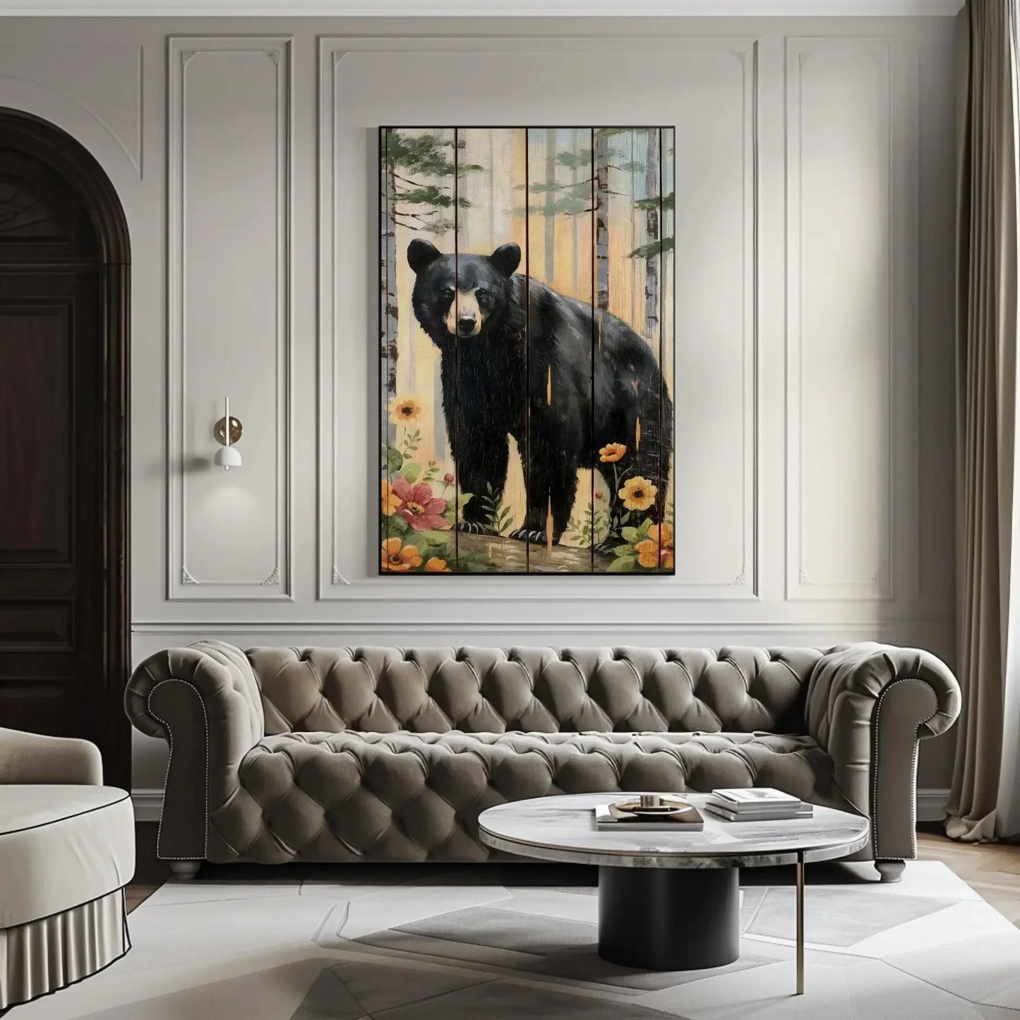 Black Bear in the Forest Canvas | Rustic Wood Effect | Bear Framed Wildlife Wall Art for Cabin, Living Room, Farmhouse, Ready to Hang Wall Art – Canvas Print