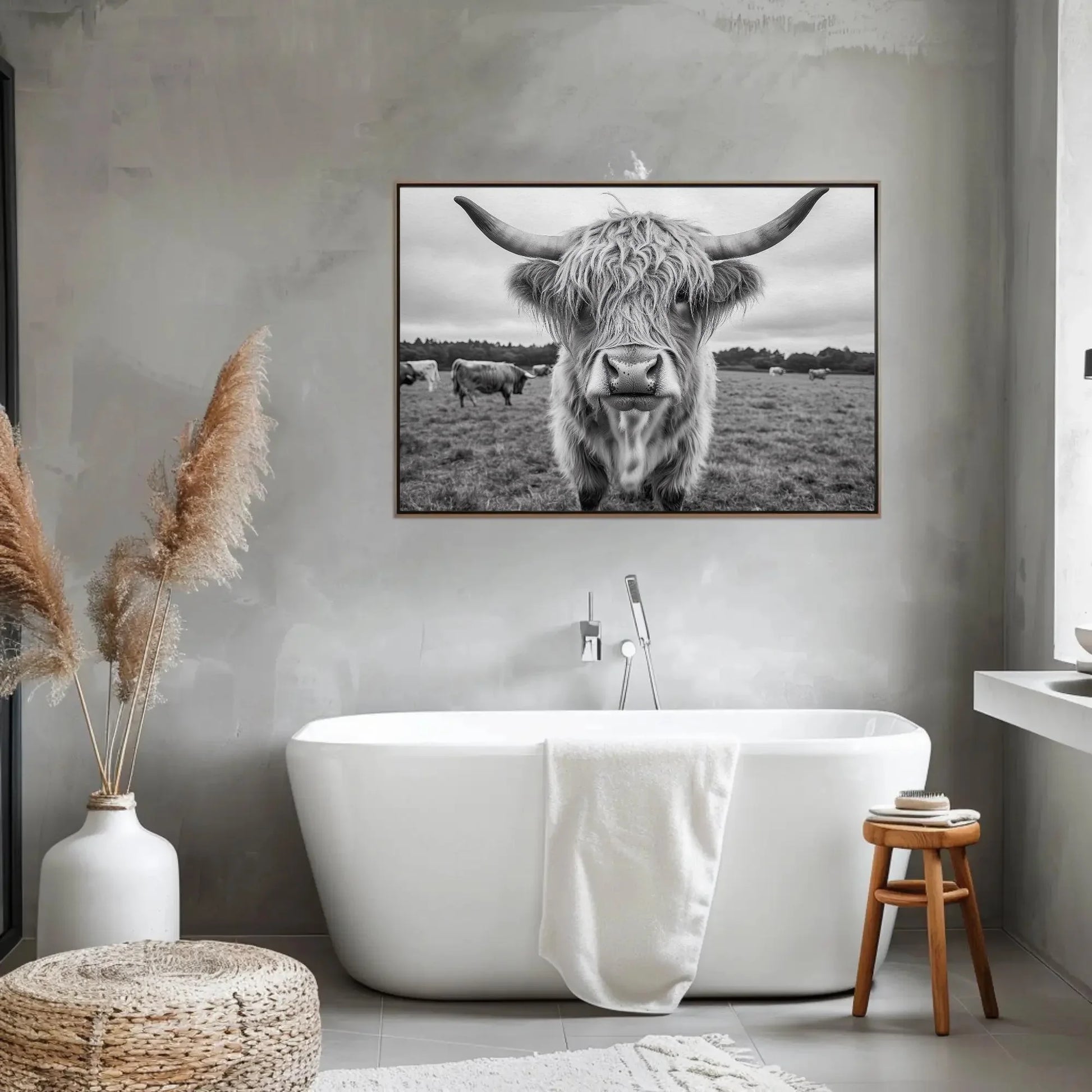 Highland cow canvas print, rustic farmhouse wall art, vintage highland cattle photography for living room or bedroom Wall Art – Canvas Print