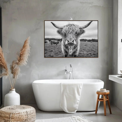 Highland cow canvas print, rustic farmhouse wall art, vintage highland cattle photography for living room or bedroom Wall Art – Canvas Print