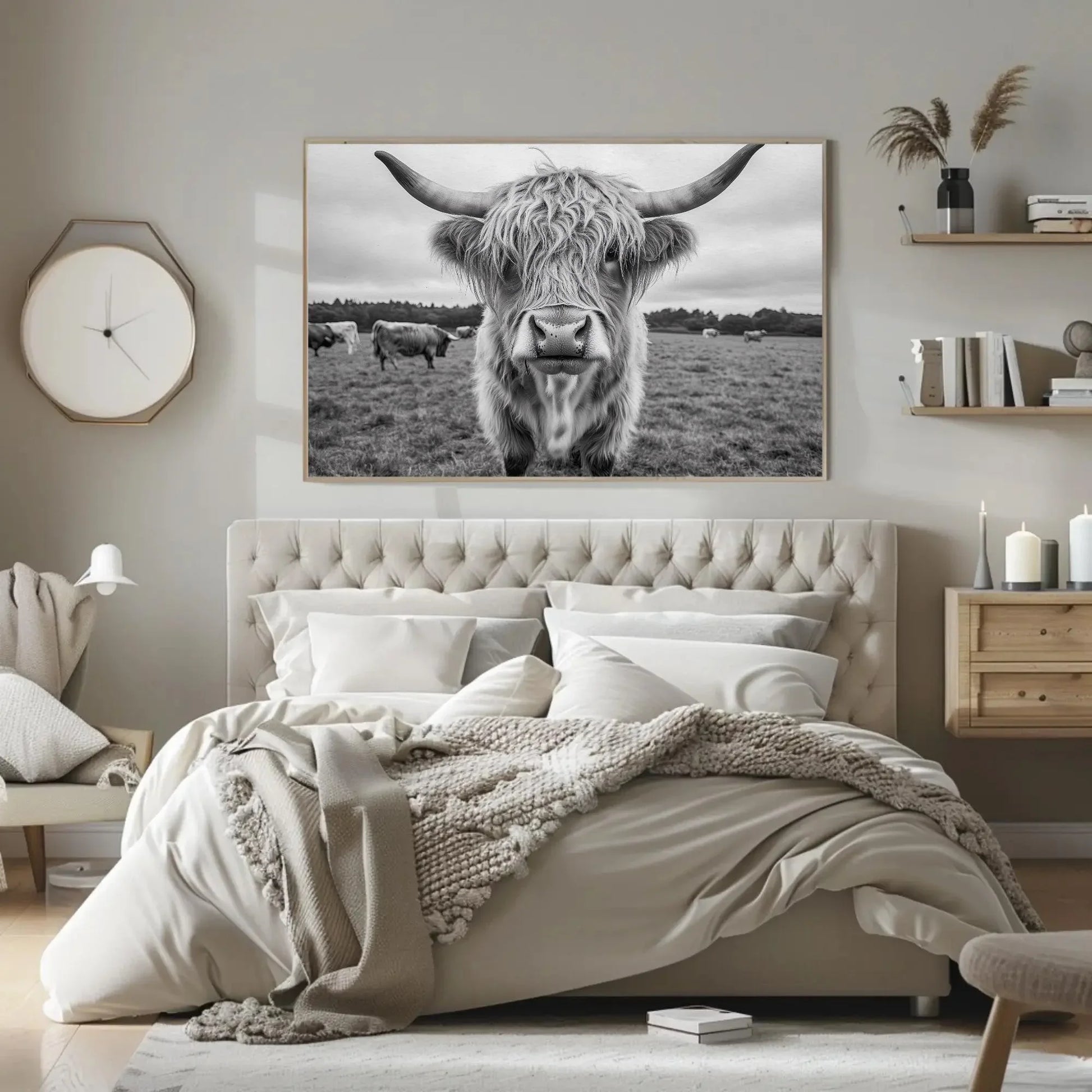 Highland cow canvas print, rustic farmhouse wall art, vintage highland cattle photography for living room or bedroom Wall Art – Canvas Print