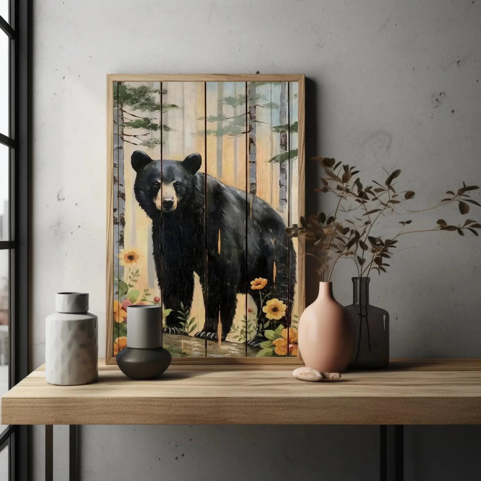Black Bear in the Forest Canvas | Rustic Wood Effect | Bear Framed Wildlife Wall Art for Cabin, Living Room, Farmhouse, Ready to Hang Wall Art – Canvas Print