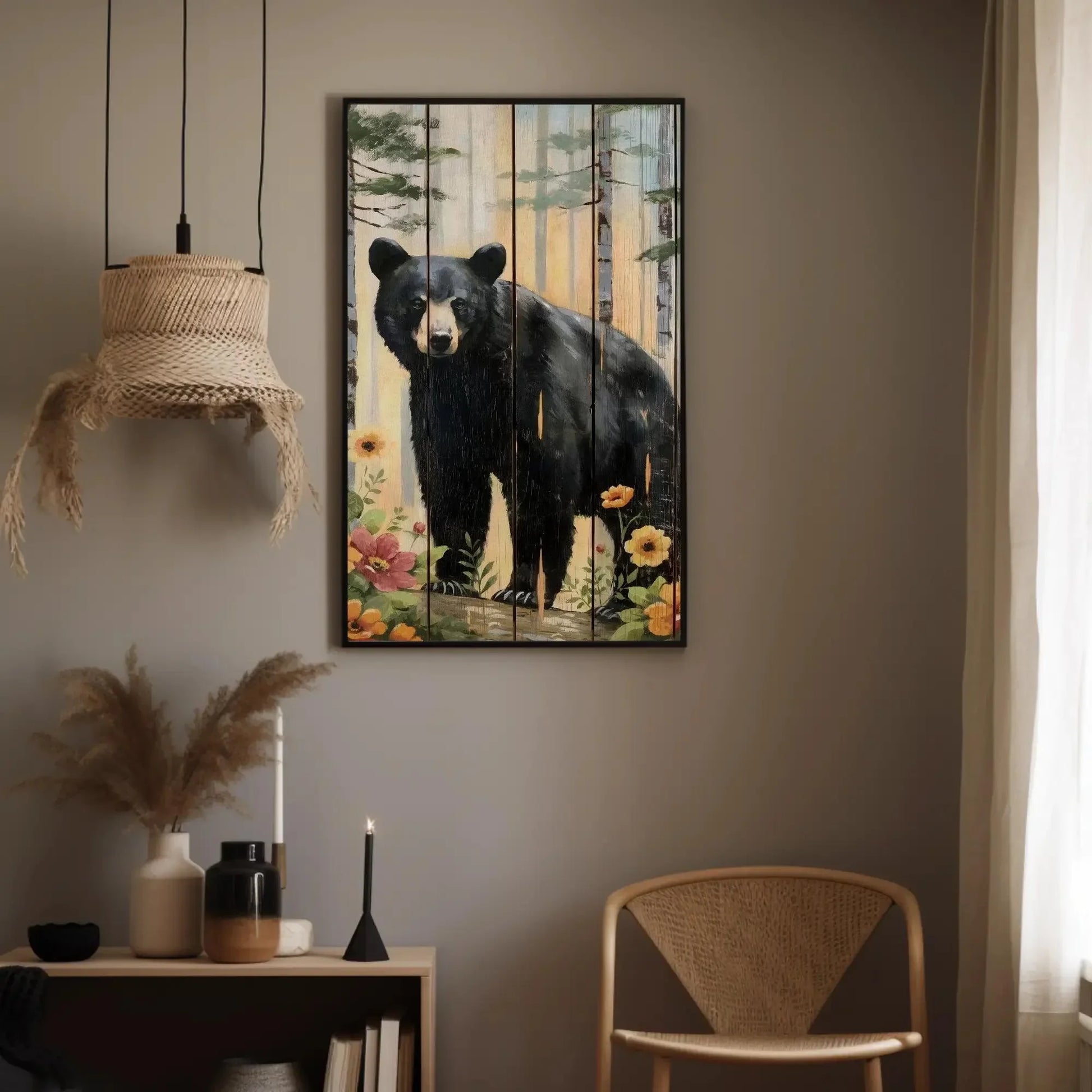 Black Bear in the Forest Canvas | Rustic Wood Effect | Bear Framed Wildlife Wall Art for Cabin, Living Room, Farmhouse, Ready to Hang Wall Art – Canvas Print