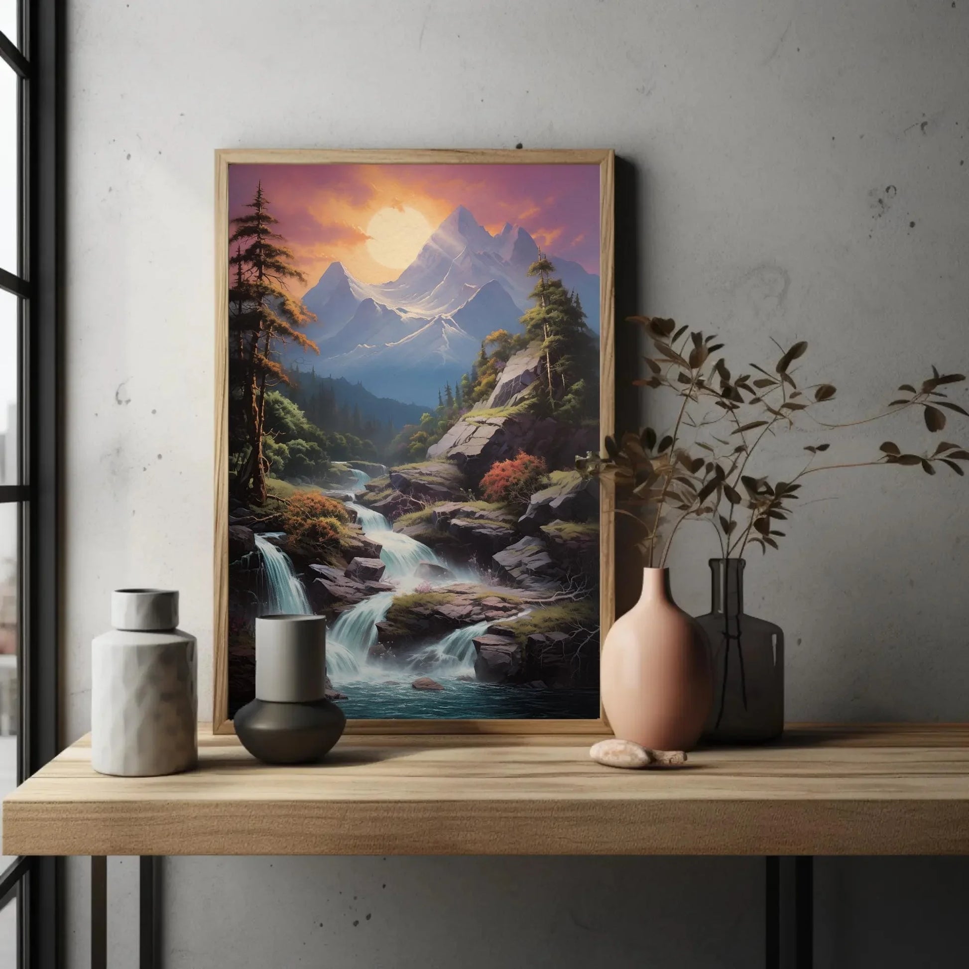 Mountain Sunset Waterfall Canvas Wall Art, Vertical Forest Landscape Print, Nature Decor for Living Room, Bedroom, Office Wall Art – Canvas Print