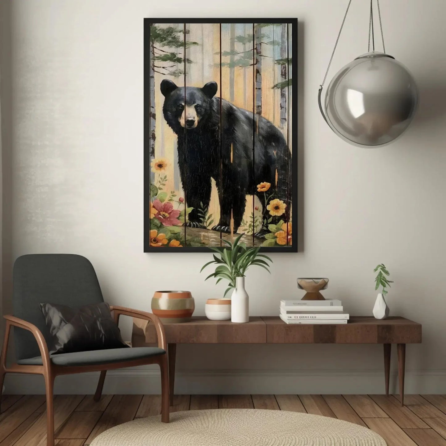 Black Bear in the Forest Canvas | Rustic Wood Effect | Bear Framed Wildlife Wall Art for Cabin, Living Room, Farmhouse, Ready to Hang Wall Art – Canvas Print