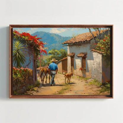Mexican Village Oil Painting | Mexican Wall Art | Man with a Dog and Donkey | Mexico Home Decor | Mexico Art | Framed Canvas | Ready To Hang Wall Art – Canvas Print