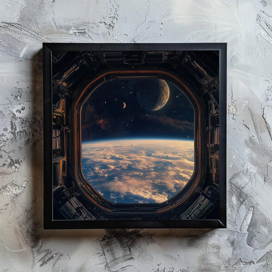 Space Station Window Square Canvas Print, Futuristic Outer Space Wall Art, Framed Sci-Fi Decor for Living Room or Office, Ready to Hang Wall Art – Canvas Print