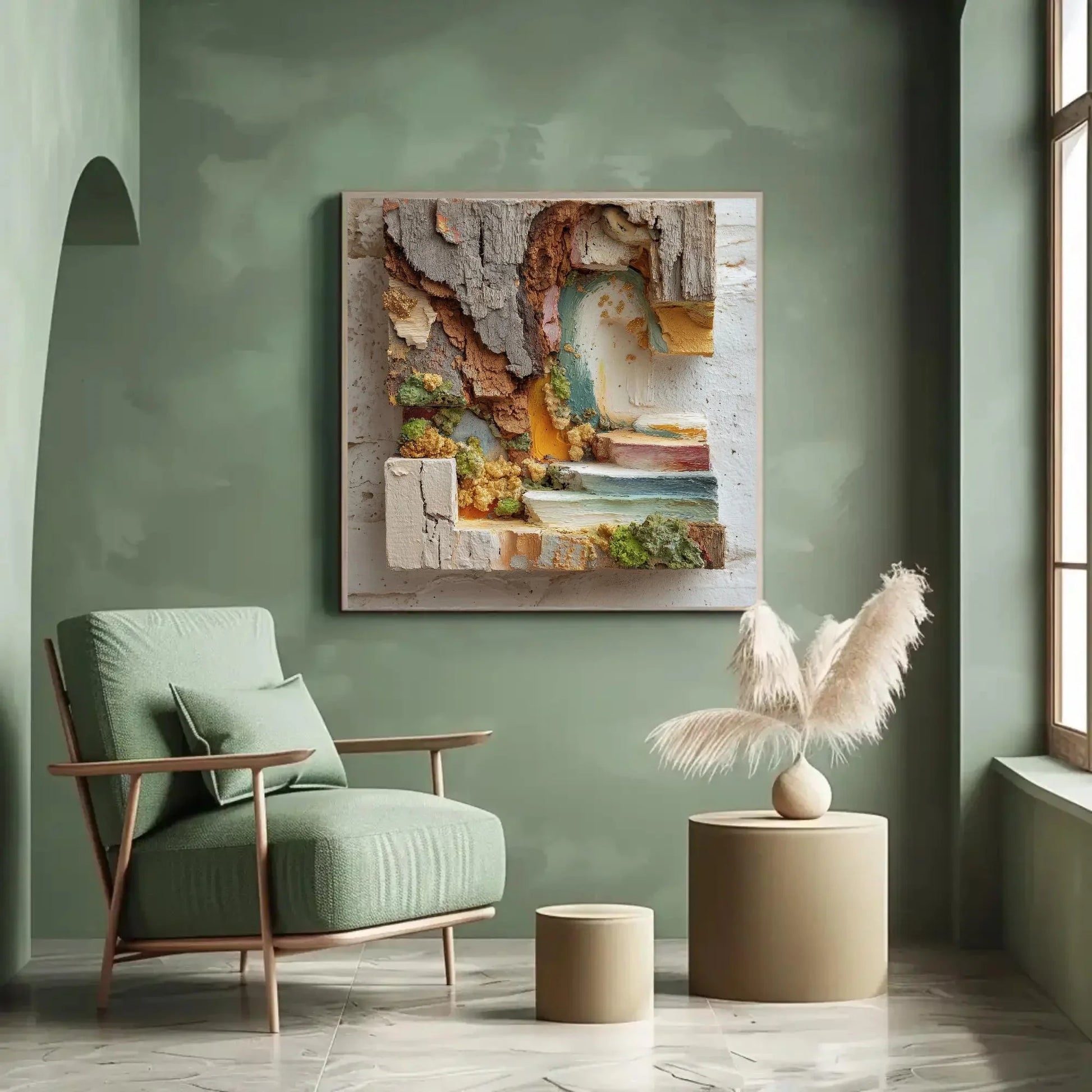 Abstract Tree Bark 3D Art, Textured Mixed Media Painting, Earthy Brown Green Canvas, Biophilic Wall Decor, Modern Organic Artwork Large Wall Art – Canvas Print