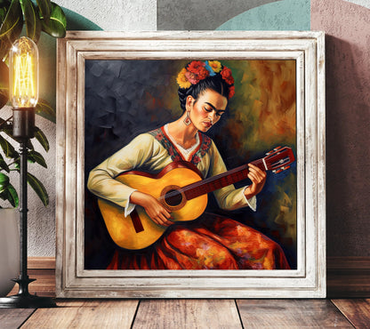 Frida Kahlo playing guitar Wall Art Print Frida Kahlo Painting Frida Kahlo Poster Frida Kahlo Gift Frida Portrait Art Frida Oil Painting Wall Art – Canvas Print