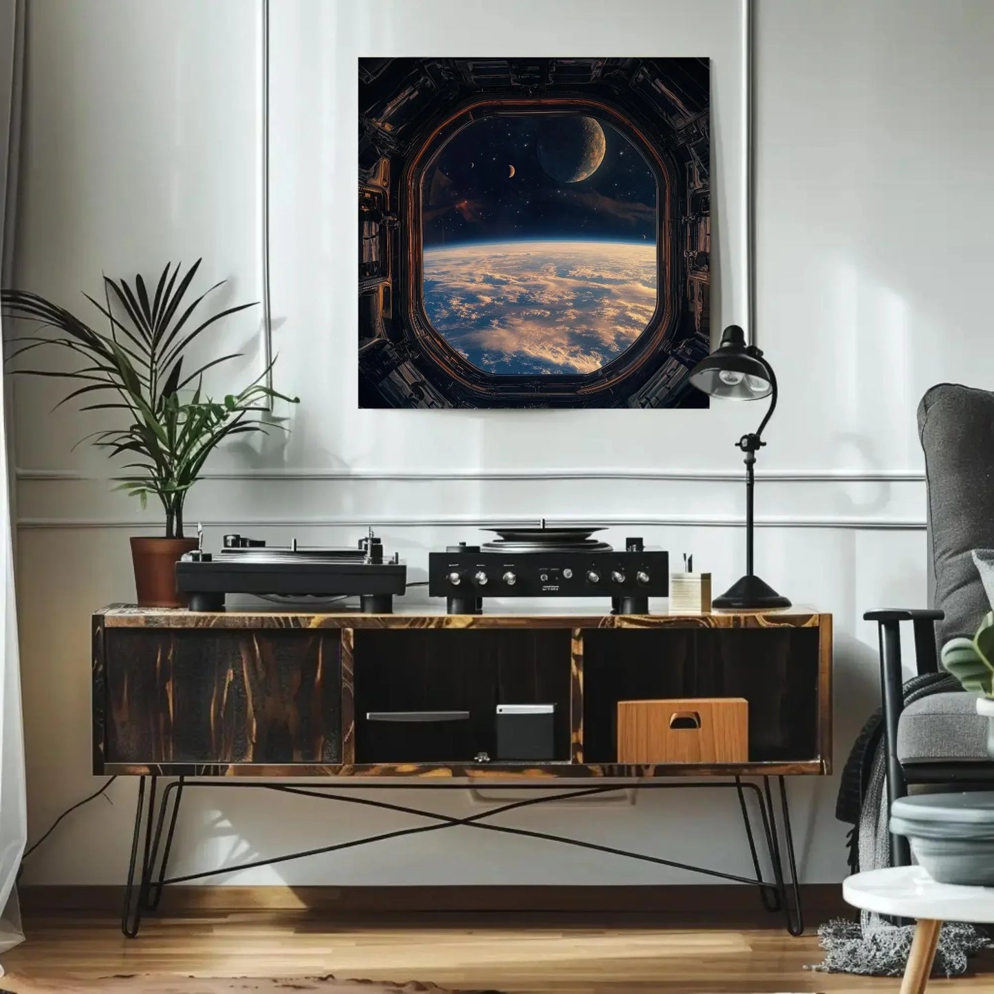 Space Station Window Square Canvas Print, Futuristic Outer Space Wall Art, Framed Sci-Fi Decor for Living Room or Office, Ready to Hang Wall Art – Canvas Print