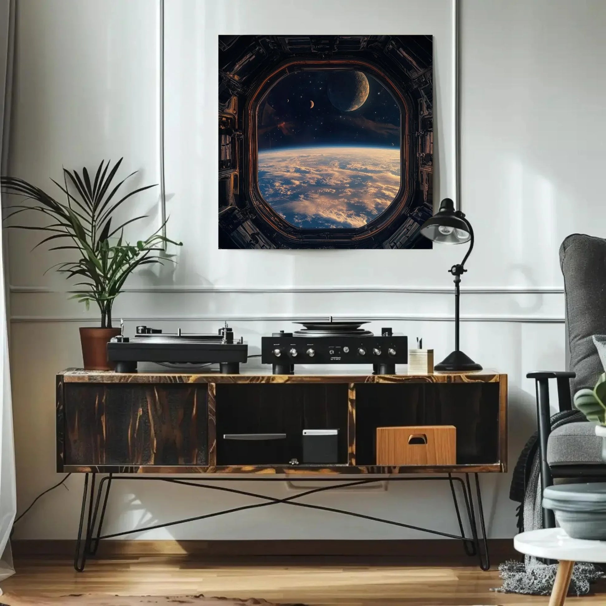 Space Station Window Square Canvas Print, Futuristic Outer Space Wall Art, Framed Sci-Fi Decor for Living Room or Office, Ready to Hang Wall Art – Canvas Print