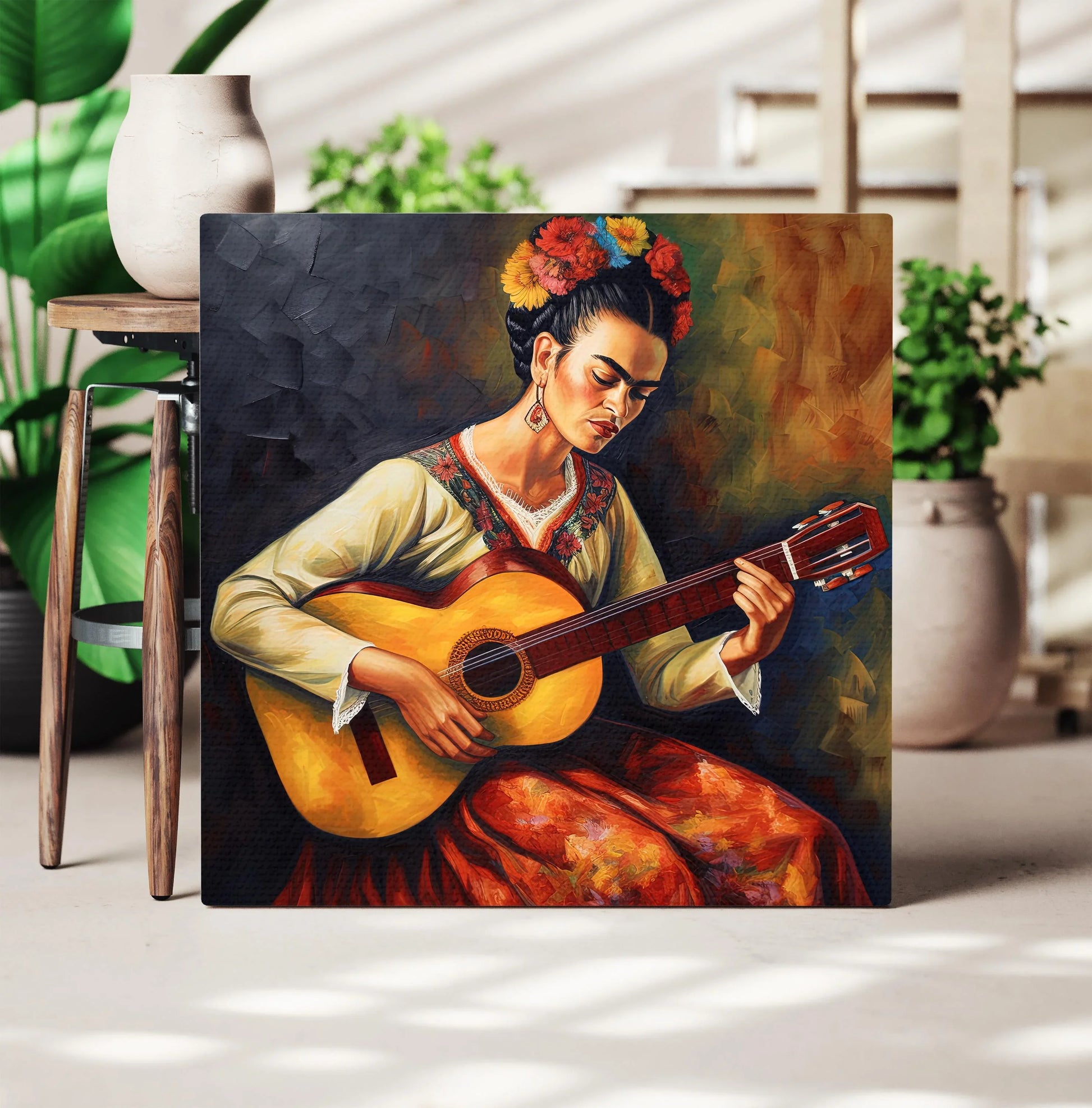 Frida Kahlo playing guitar Wall Art Print Frida Kahlo Painting Frida Kahlo Poster Frida Kahlo Gift Frida Portrait Art Frida Oil Painting Wall Art – Canvas Print