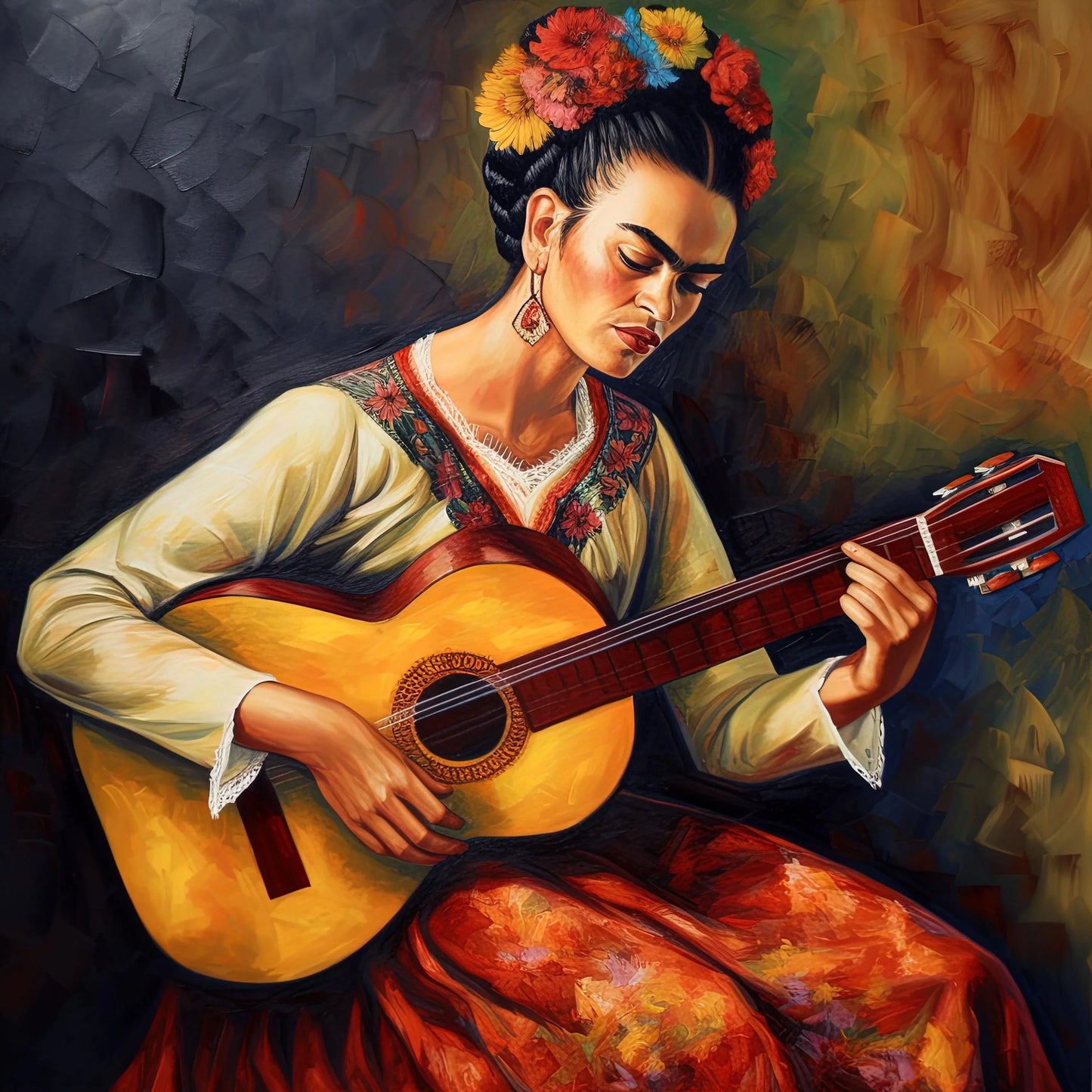 Frida Kahlo playing guitar Wall Art Print Frida Kahlo Painting Frida Kahlo Poster Frida Kahlo Gift Frida Portrait Art Frida Oil Painting Wall Art – Canvas Print