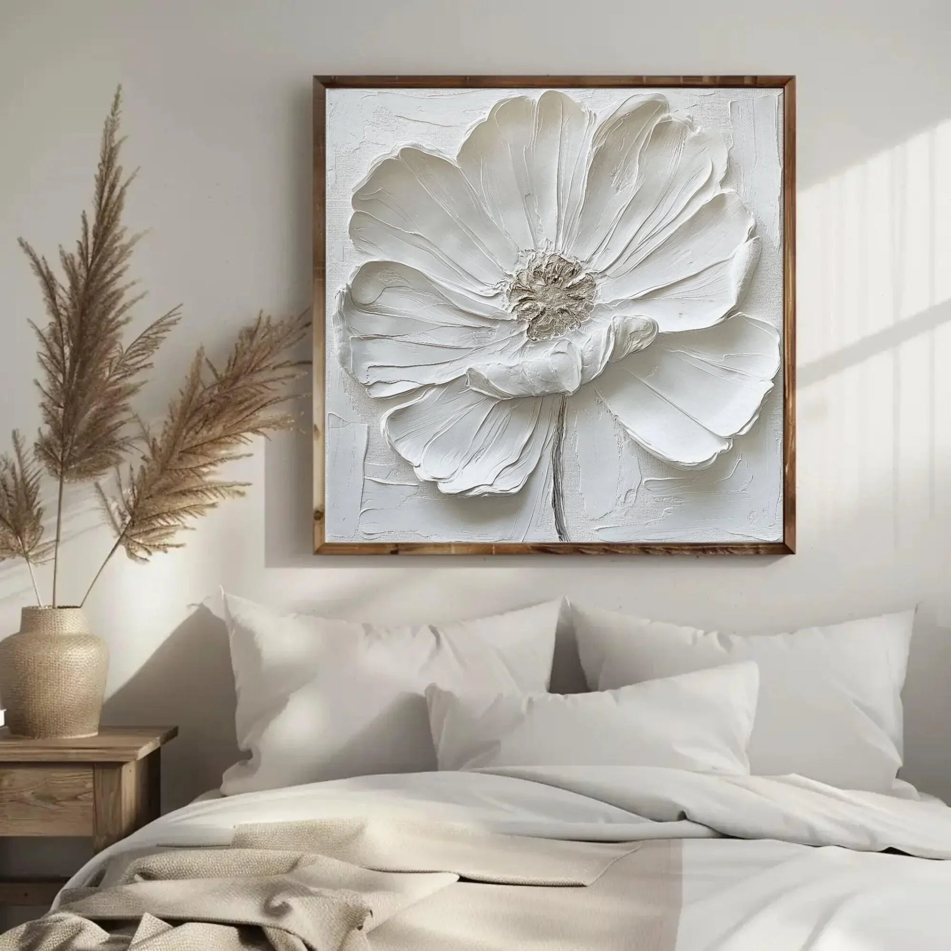 White Textured Flower Oil Painting, Canvas Framed Print, Modern and Minimalist Decor, Ready to Hang, For Living Room or Bedroom Wall Art – Canvas Print