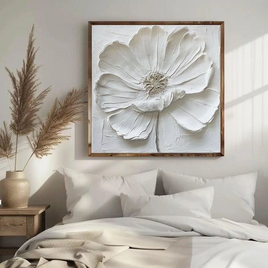 White Textured Flower Oil Painting, Canvas Framed Print, Modern and Minimalist Decor, Ready to Hang, For Living Room or Bedroom Wall Art – Canvas Print