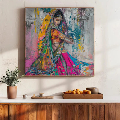 Traditional Indian Woman in Colorful Saree Abstract Canvas | Square Vibrant South Asian Wall Art | Indian Painting for Living Room, Bedroom Wall Art – Canvas Print