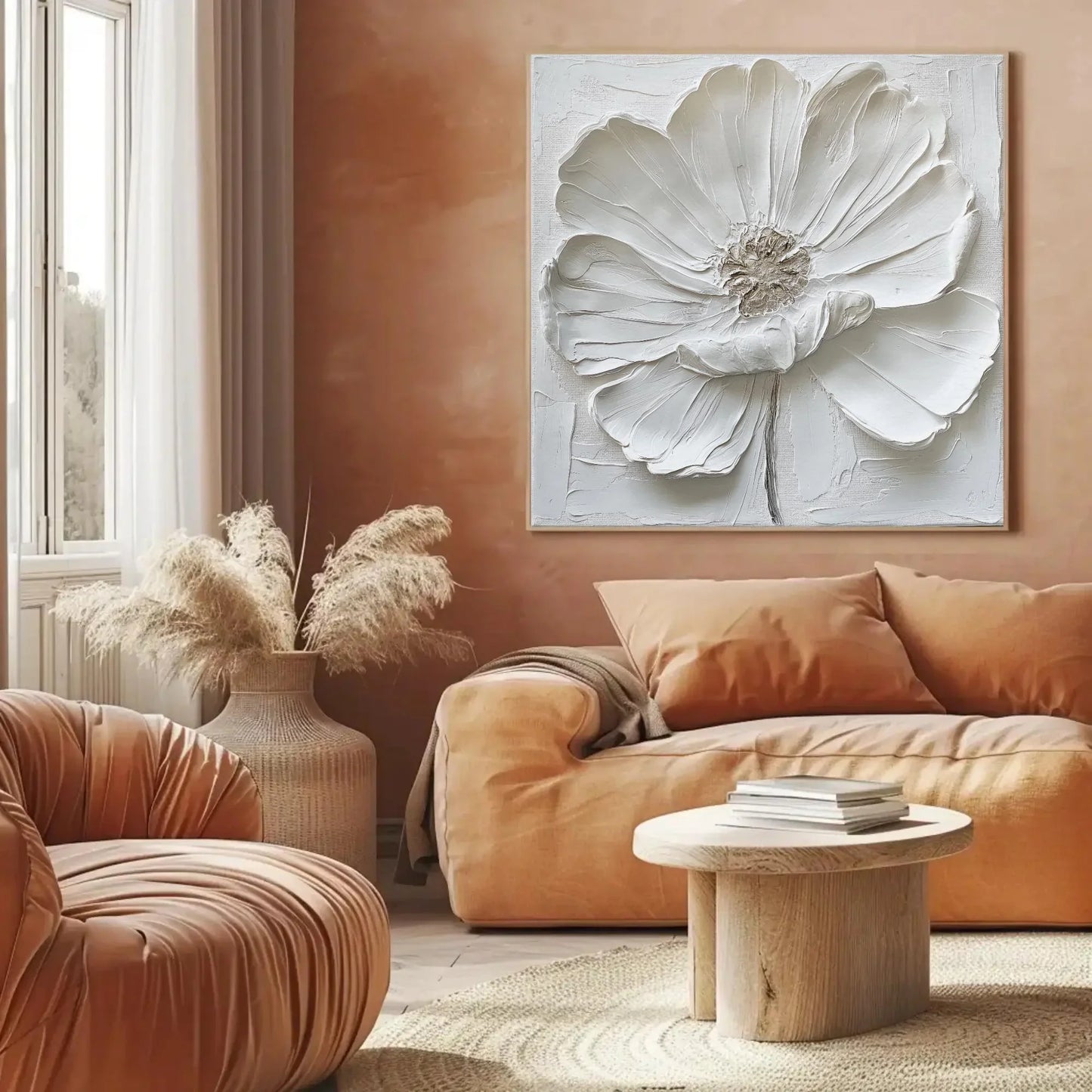 White Textured Flower Oil Painting, Canvas Framed Print, Modern and Minimalist Decor, Ready to Hang, For Living Room or Bedroom Wall Art – Canvas Print