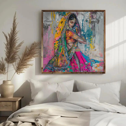 Traditional Indian Woman in Colorful Saree Abstract Canvas | Square Vibrant South Asian Wall Art | Indian Painting for Living Room, Bedroom Wall Art – Canvas Print