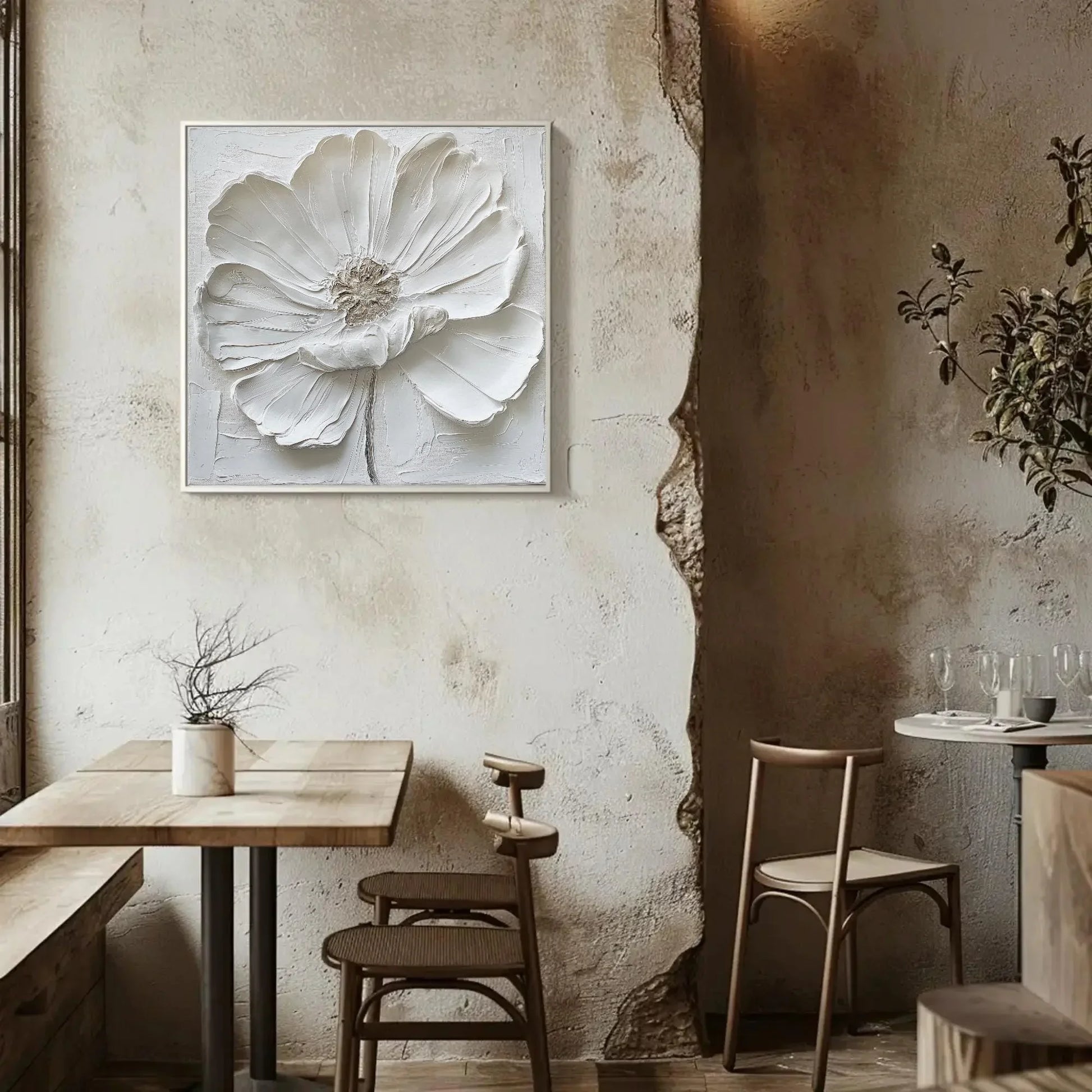 White Textured Flower Oil Painting, Canvas Framed Print, Modern and Minimalist Decor, Ready to Hang, For Living Room or Bedroom Wall Art – Canvas Print