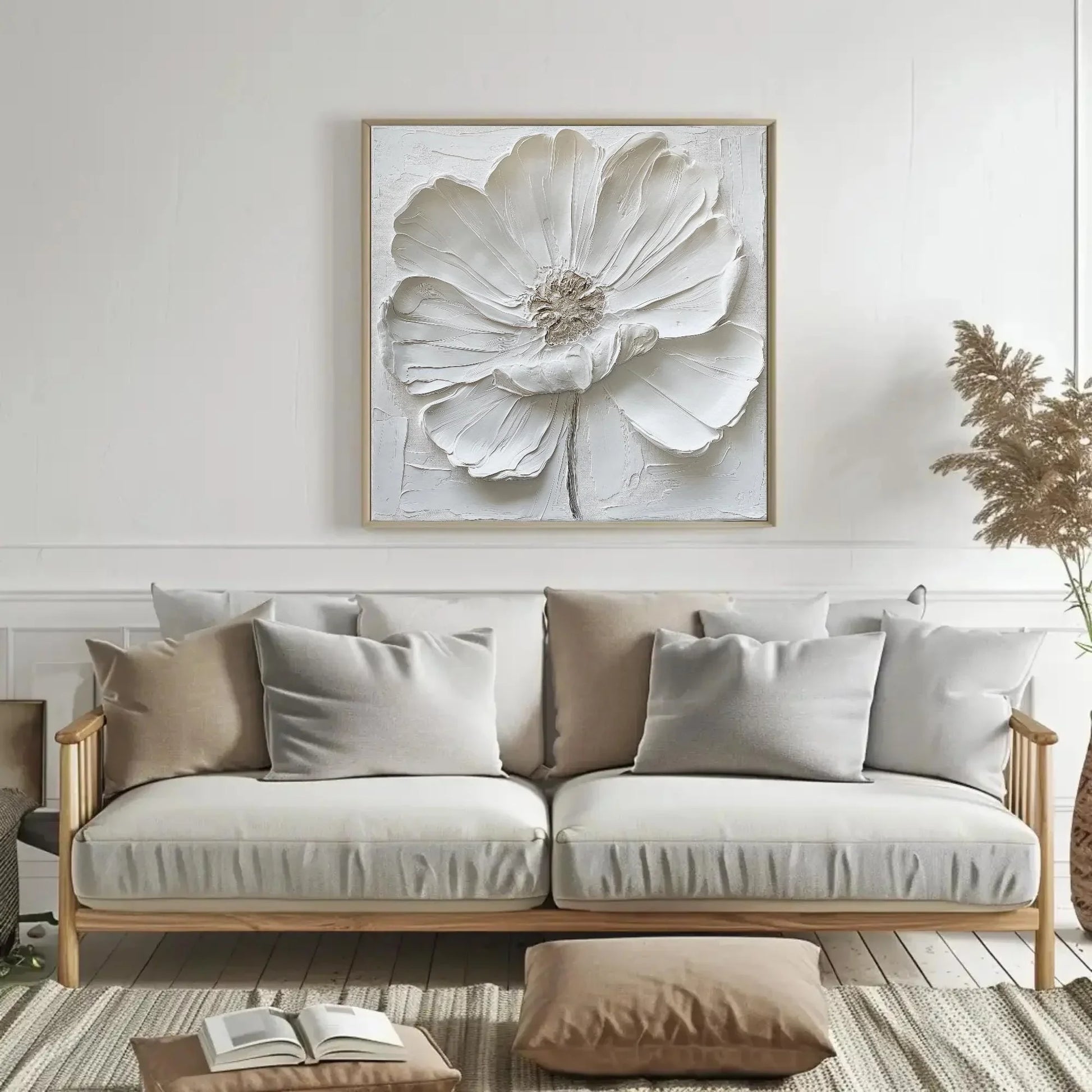 White Textured Flower Oil Painting, Canvas Framed Print, Modern and Minimalist Decor, Ready to Hang, For Living Room or Bedroom Wall Art – Canvas Print