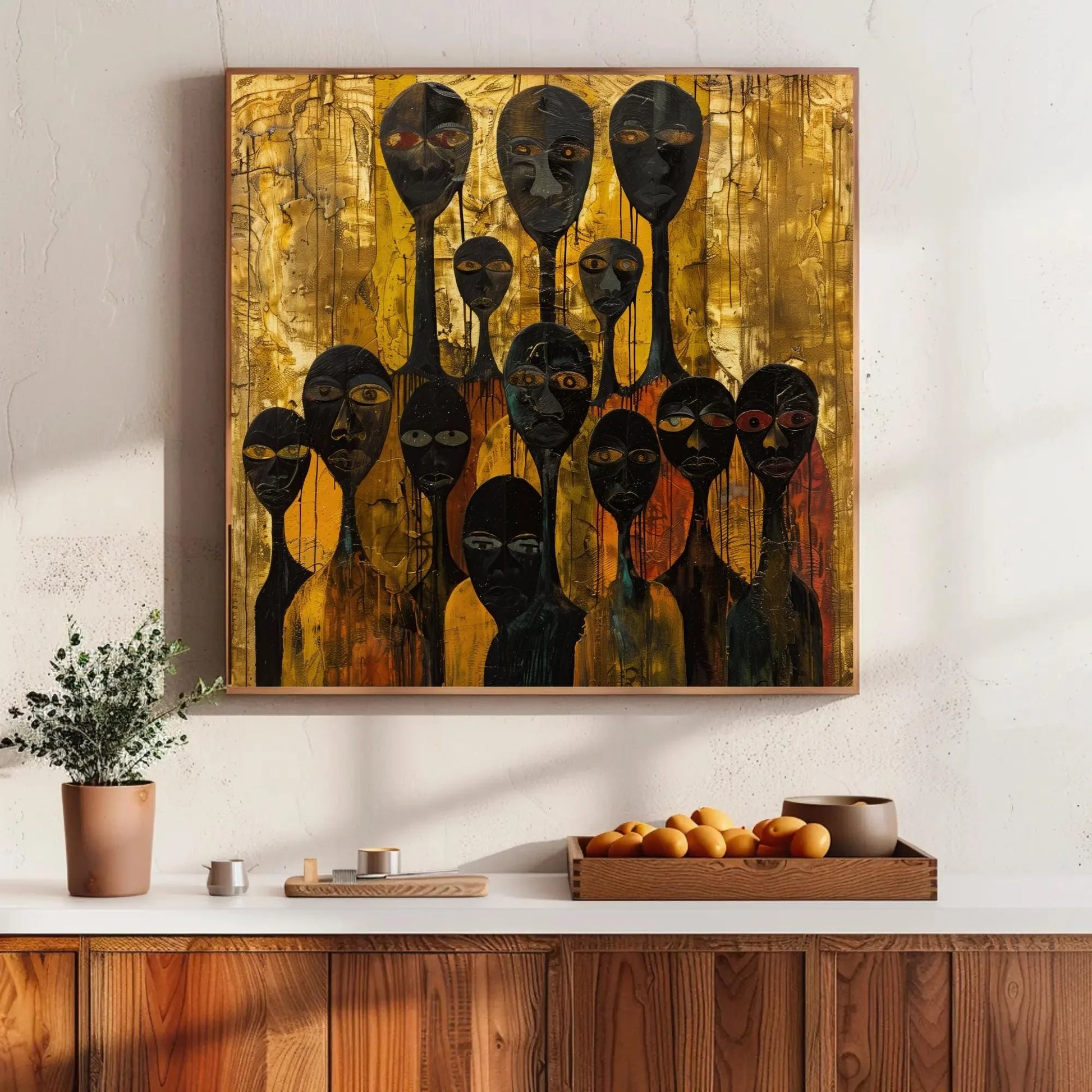 Abstract African Art | Modern Tribal Figures Painting | Gold and Black Wall Art | Cultural Statement Canvas for Eclectic Home Wall Art – Canvas Print
