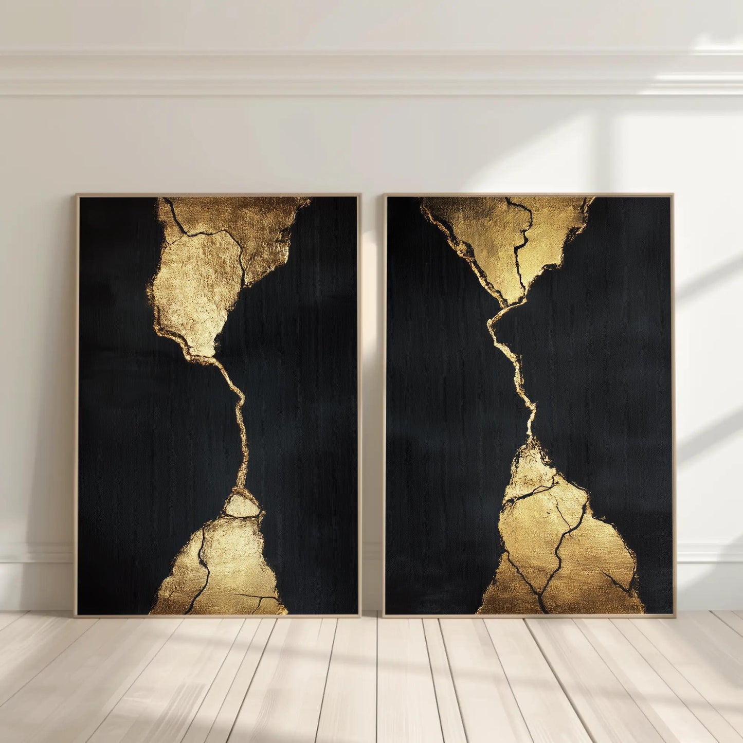Set of 2 Black and Gold Wall Art | Kintsugi Inspired Canvas Print Diptych | Large Abstract Luxury Decor for Modern Living Room or Office Wall Art – Canvas Print