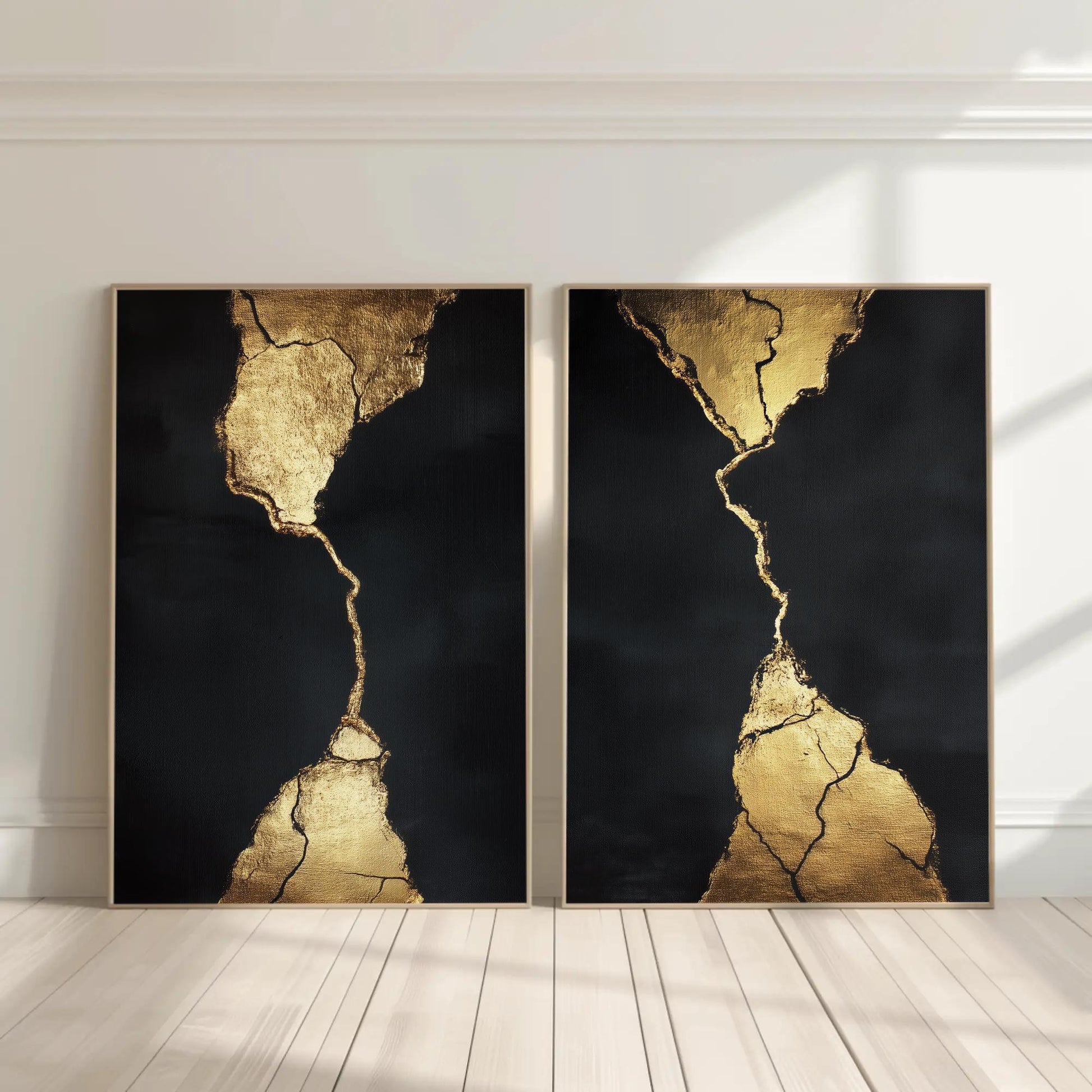 Set of 2 Black and Gold Wall Art | Kintsugi Inspired Canvas Print Diptych | Large Abstract Luxury Decor for Modern Living Room or Office Wall Art – Canvas Print