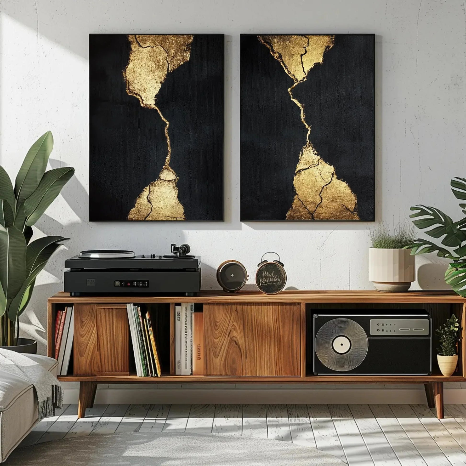 Set of 2 Black and Gold Wall Art | Kintsugi Inspired Canvas Print Diptych | Large Abstract Luxury Decor for Modern Living Room or Office Wall Art – Canvas Print