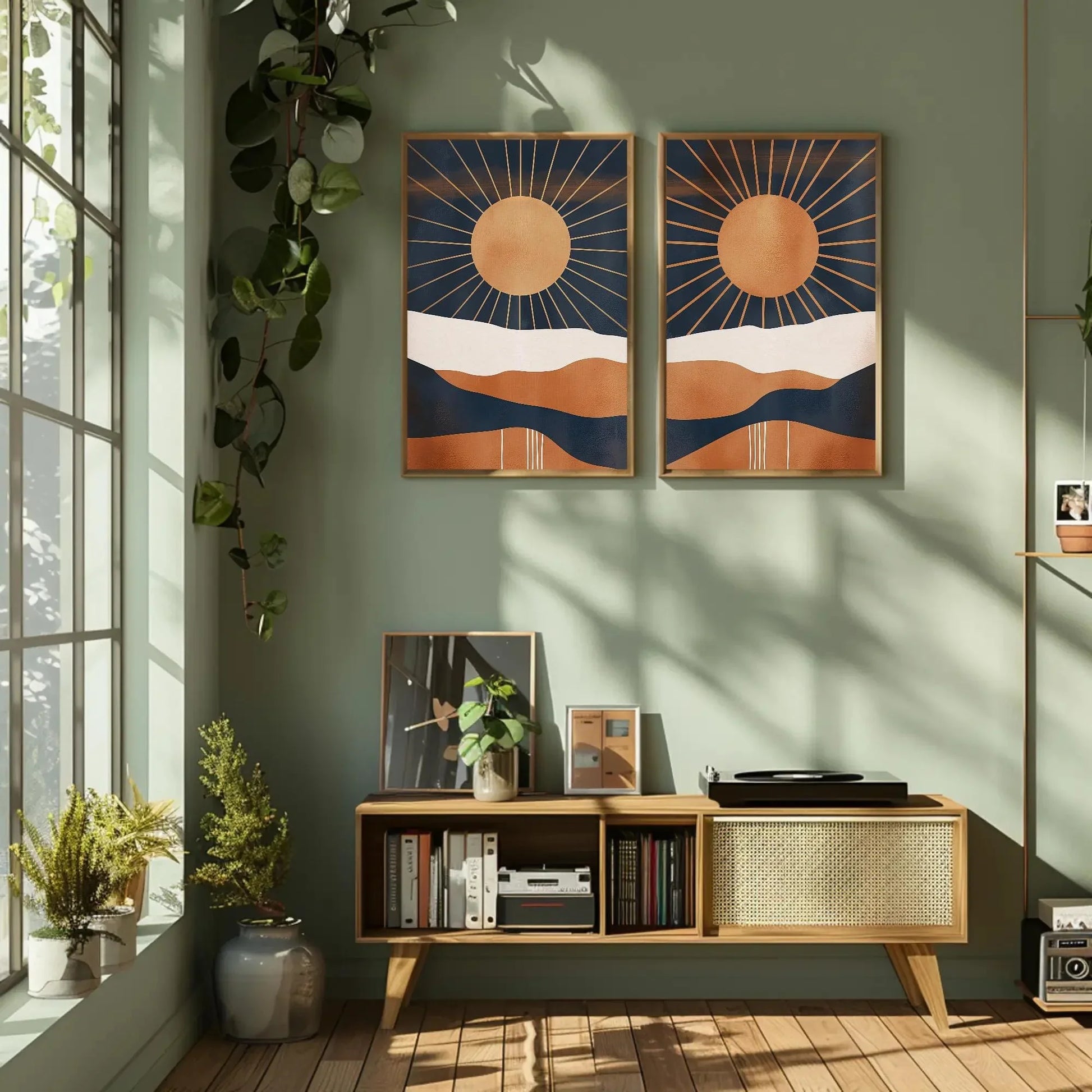 Boho Chic Sun Art Set of 2 - Mid-Century Modern Abstract Canvas Prints - Unframed Sunset Wall Decor for Living Room & Bedroom Wall Art – Canvas Print