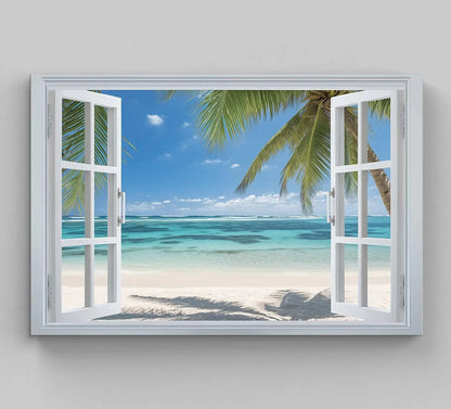Caribbean Beach Palm Trees Window View Canvas Print, Tropical Wall Art, Coastal Home Decor, Scenic Beach Print for Relaxing Ambiance Wall Art – Canvas Print