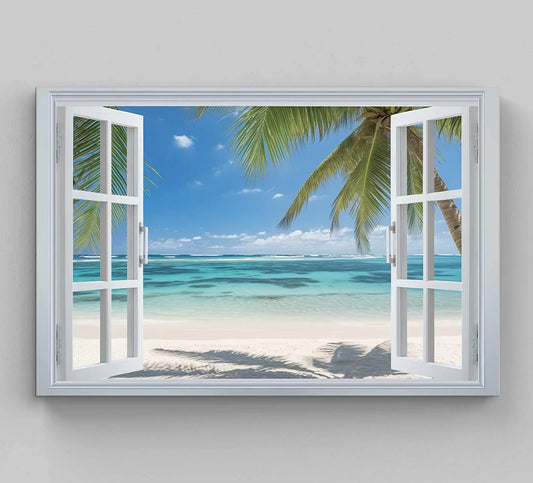 Caribbean Beach Palm Trees Window View Canvas Print, Tropical Wall Art, Coastal Home Decor, Scenic Beach Print for Relaxing Ambiance Wall Art – Canvas Print