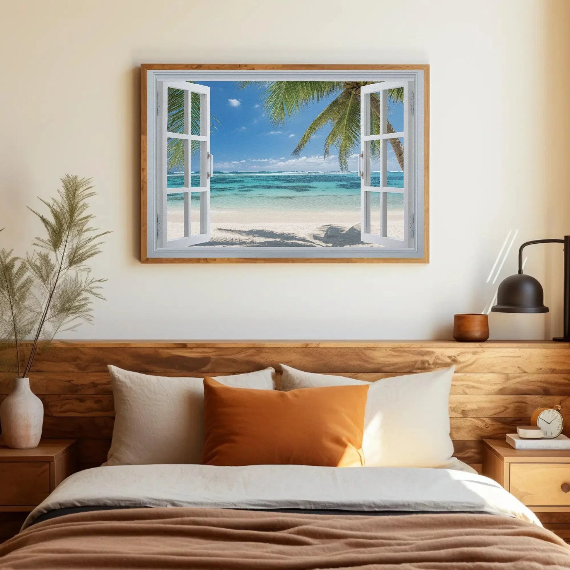 Caribbean Beach Palm Trees Window View Canvas Print, Tropical Wall Art, Coastal Home Decor, Scenic Beach Print for Relaxing Ambiance Wall Art – Canvas Print