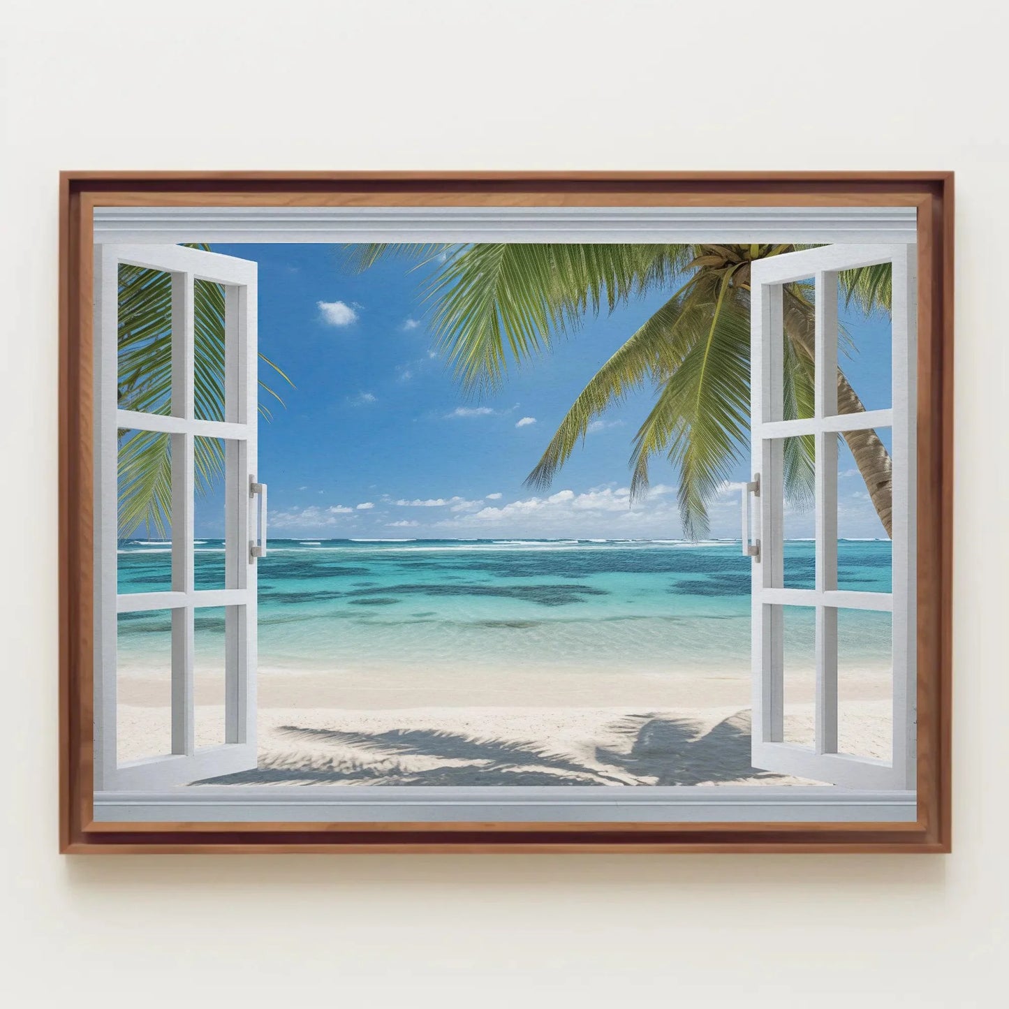 Caribbean Beach Palm Trees Window View Canvas Print, Tropical Wall Art, Coastal Home Decor, Scenic Beach Print for Relaxing Ambiance Wall Art – Canvas Print