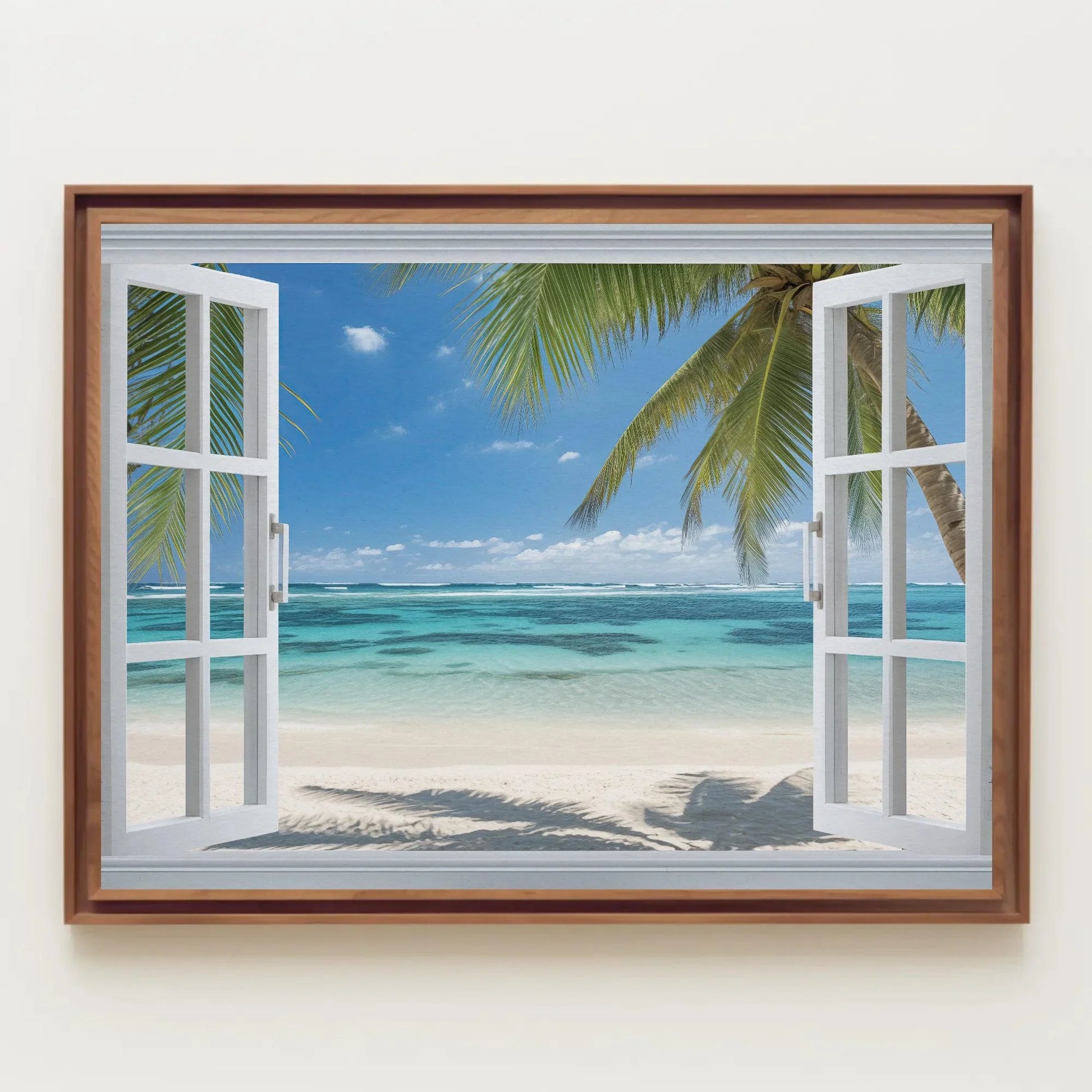 Caribbean Beach Palm Trees Window View Canvas Print, Tropical Wall Art, Coastal Home Decor, Scenic Beach Print for Relaxing Ambiance Wall Art – Canvas Print