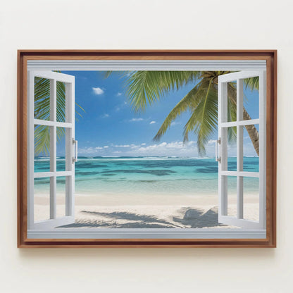 Caribbean Beach Palm Trees Window View Canvas Print, Tropical Wall Art, Coastal Home Decor, Scenic Beach Print for Relaxing Ambiance Wall Art – Canvas Print