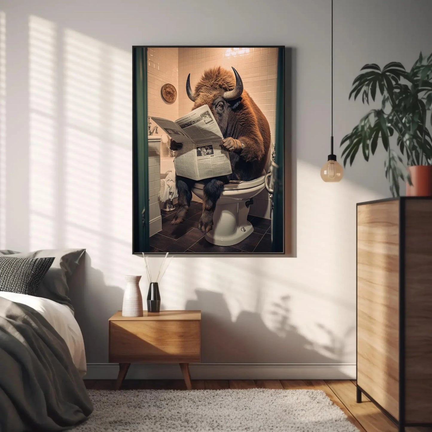 Bison Devotedly Reading Newspaper On The Toilet Wildlife Animal Lovers Gift Canvas Painting Funny Bathroom Art Framed Print Toilet Humor Art Wall Art – Canvas Print