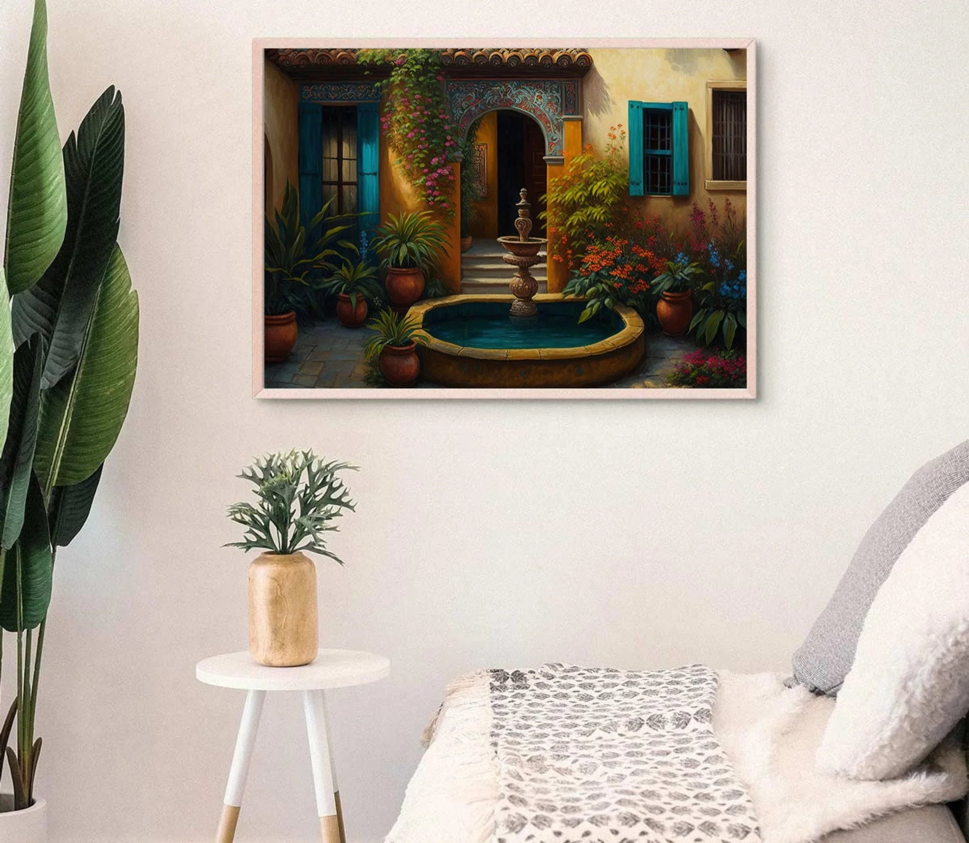 Mexican Garden Painting | Mexican Courtyard Art | Wall Art Decor | Colorful Art Print | Mexican Art | Mexican Decor, Home Decor, Latino Art Wall Art – Canvas Print