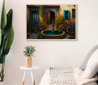 Mexican Garden Painting | Mexican Courtyard Art | Wall Art Decor | Colorful Art Print | Mexican Art | Mexican Decor, Home Decor, Latino Art Wall Art – Canvas Print