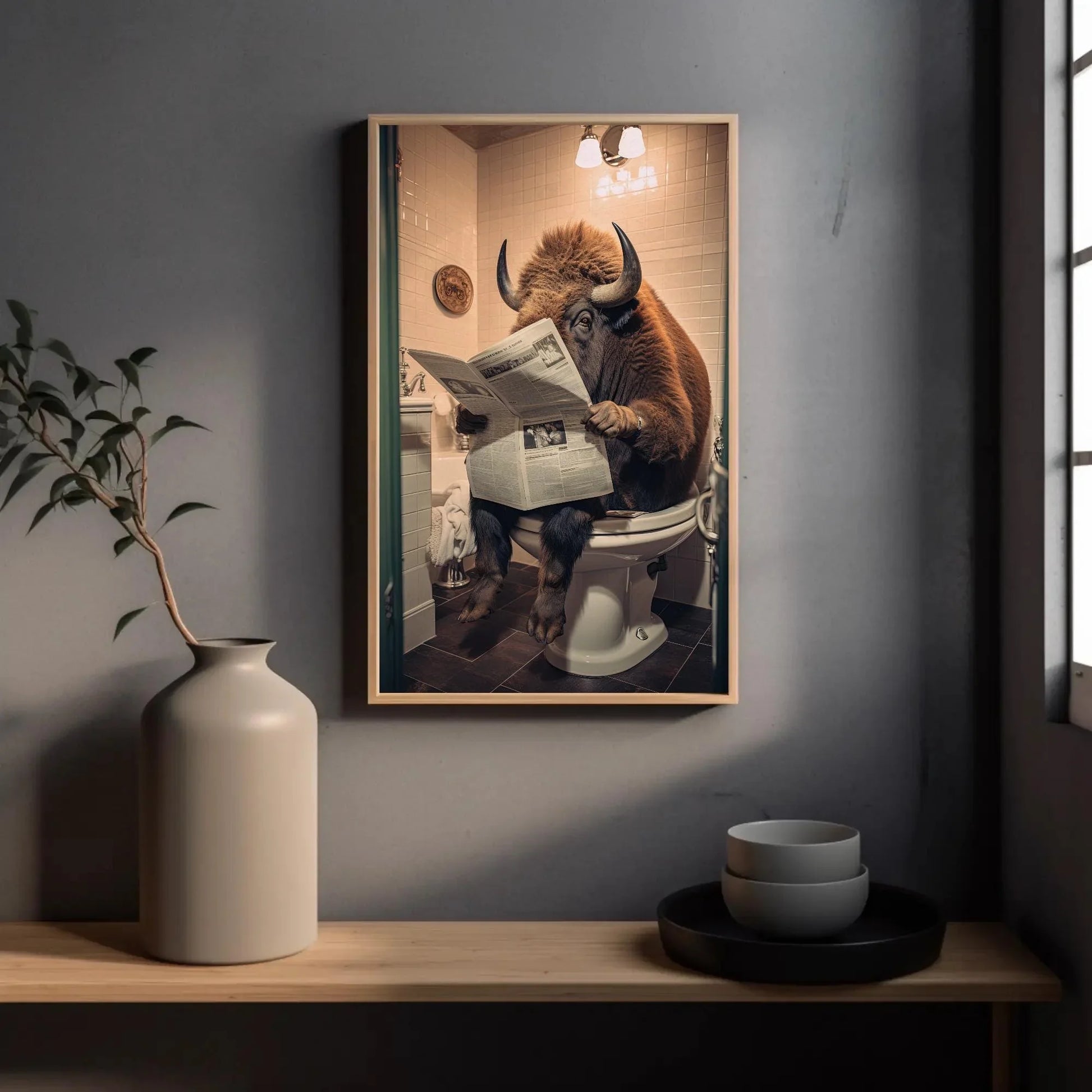 Bison Devotedly Reading Newspaper On The Toilet Wildlife Animal Lovers Gift Canvas Painting Funny Bathroom Art Framed Print Toilet Humor Art Wall Art – Canvas Print