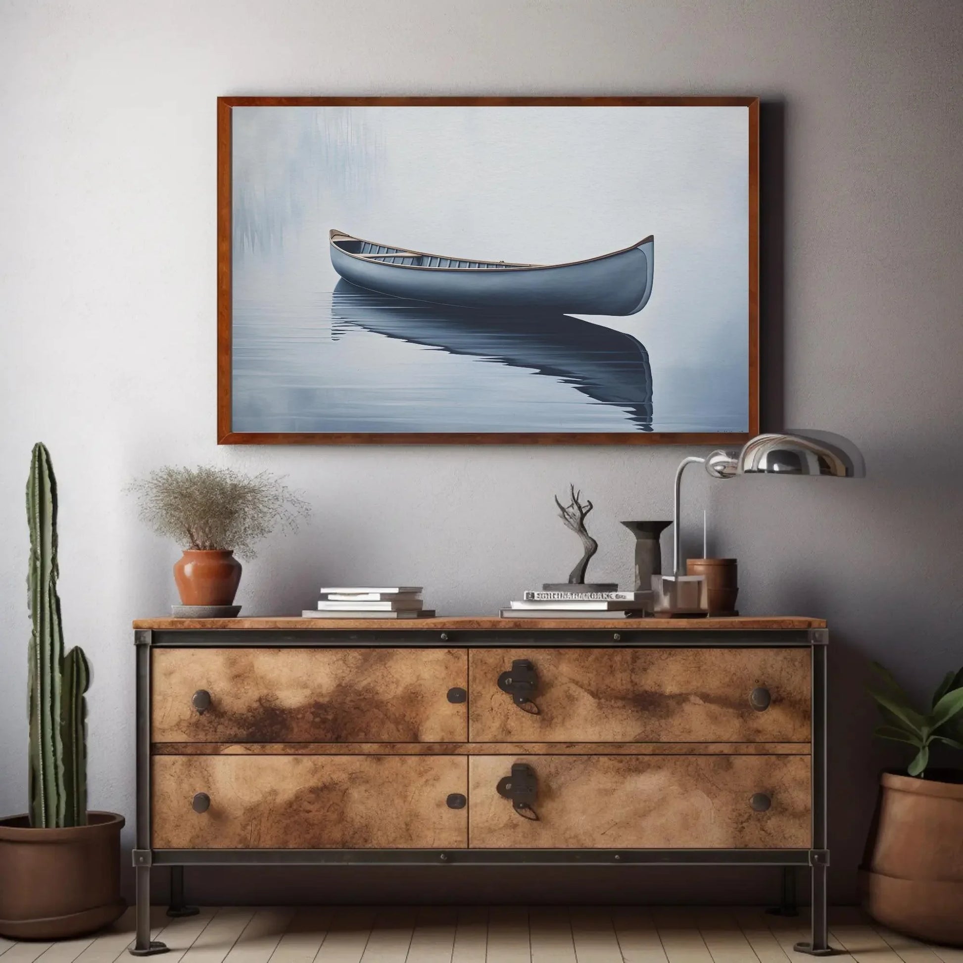 Canoe In Still Water Wall Decor Canvas Art, Lake House Decor, Canoe Wall Art, Cabin Wall Decor, Canoe in a Lake Blue Canoe, Nautical Decor Wall Art – Canvas Print