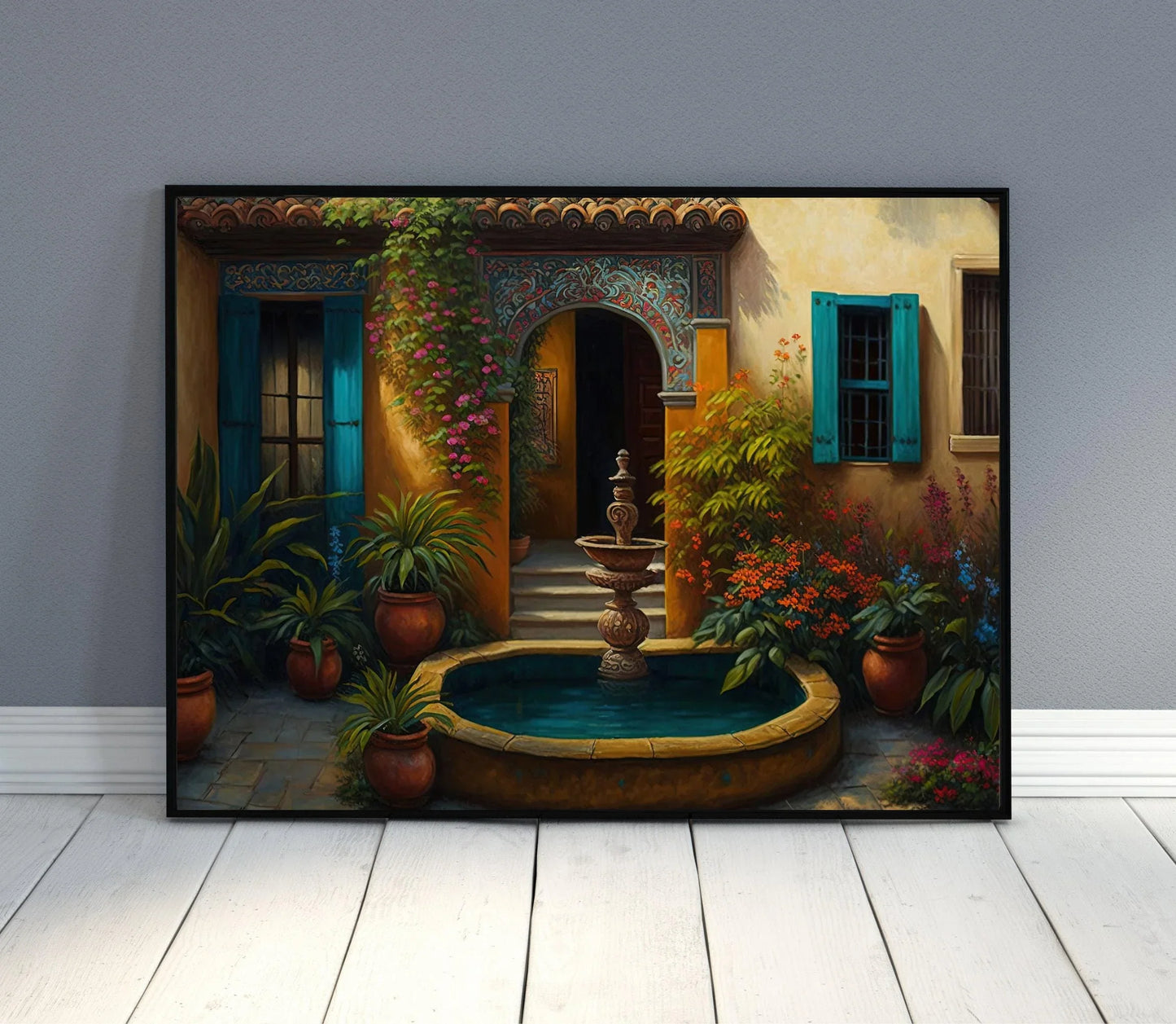 Mexican Garden Painting | Mexican Courtyard Art | Wall Art Decor | Colorful Art Print | Mexican Art | Mexican Decor, Home Decor, Latino Art Wall Art – Canvas Print